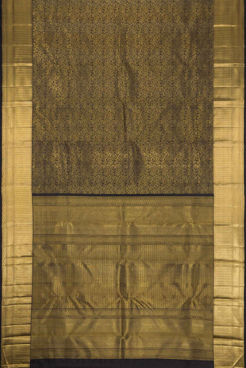 Flat view of Pure Silk Pure Zari Black Dual Tone Kanjivaram Tissue Saree with Zari Brocade on the body and Zari Border. 