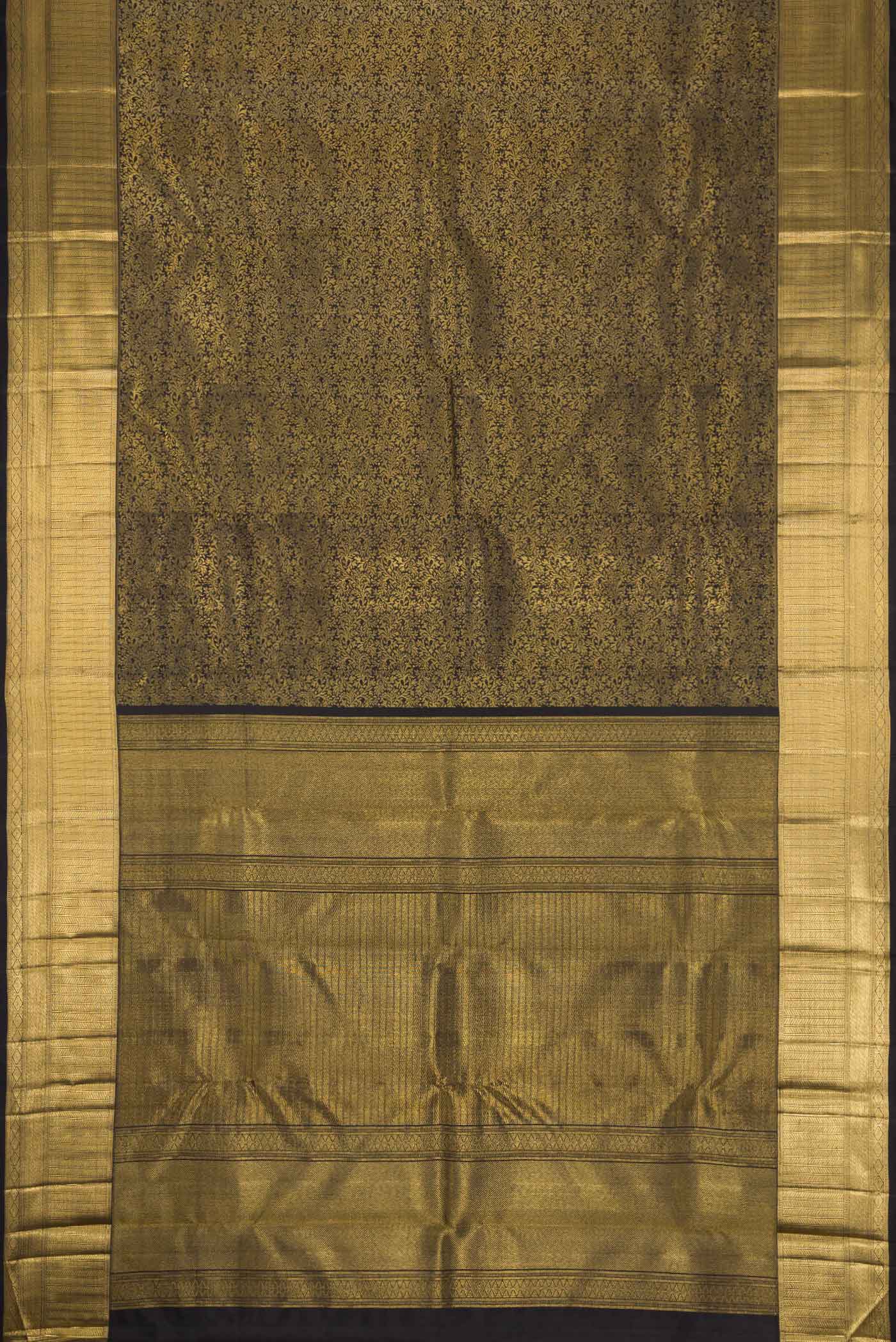 Flat view of Pure Silk Pure Zari Black Dual Tone Kanjivaram Tissue Saree with Zari Brocade on the body and Zari Border. 