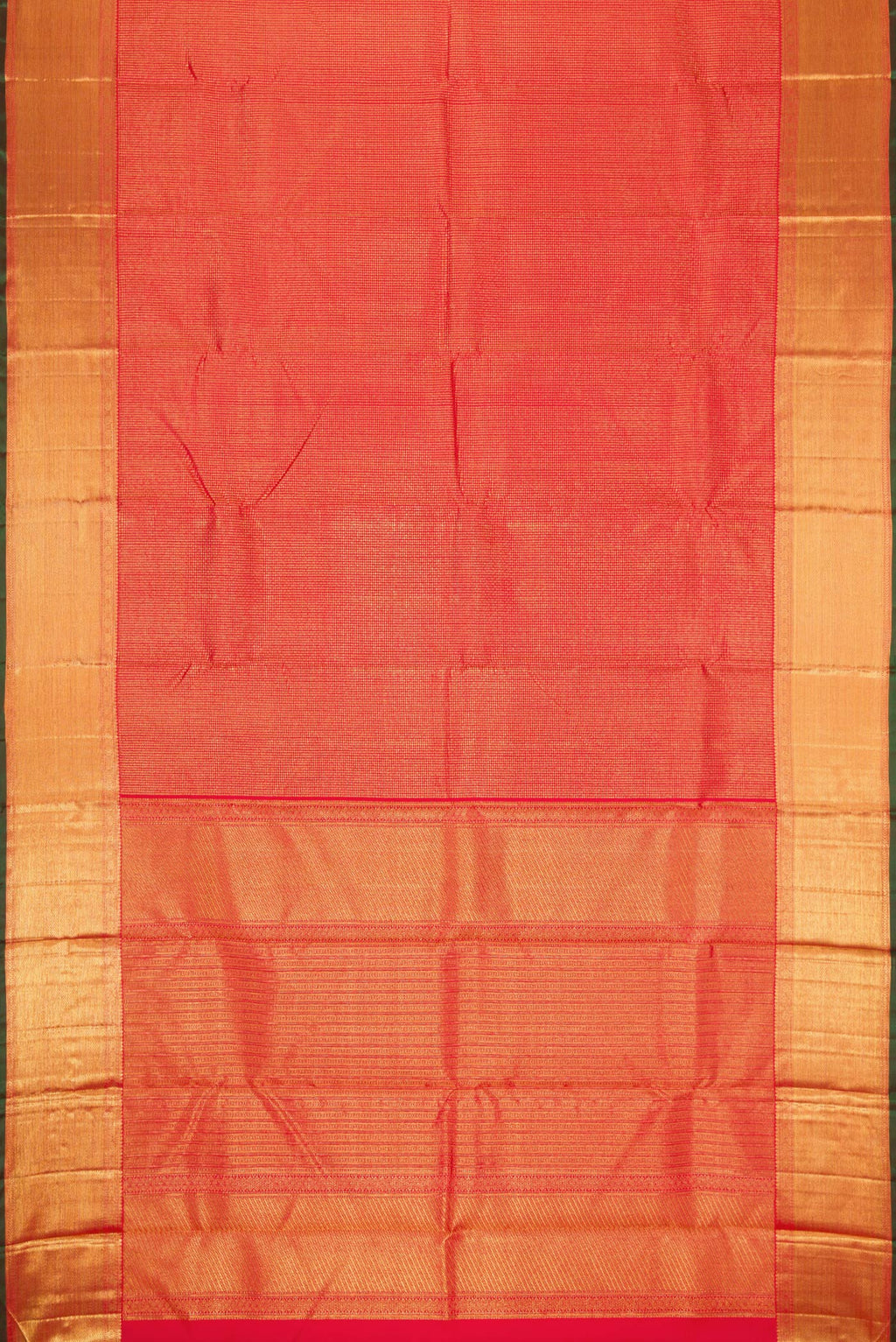 Flat view of Dark Pink Dual Tone Kanchipuram Silk Saree with Zari Brocade on the body and Zari Border. 