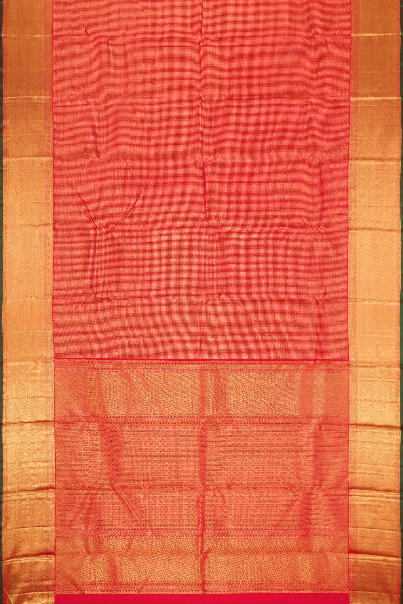 Flat view of Dark Pink Dual Tone Kanchipuram Silk Saree with Zari Brocade on the body and Zari Border. 