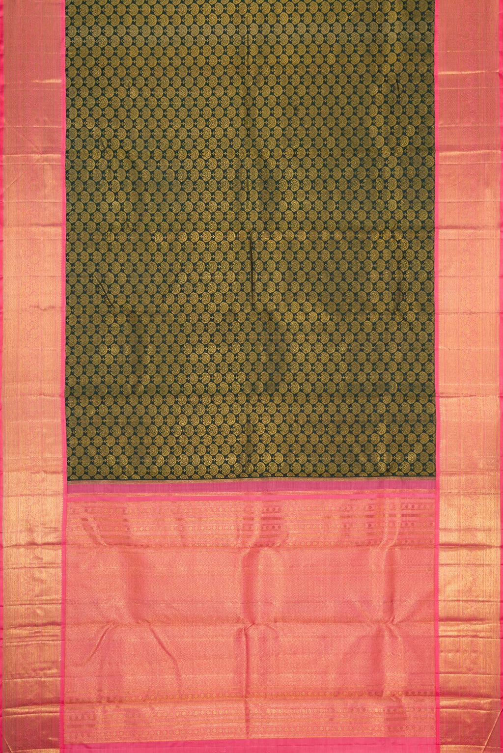 Flat view of Bottle Green Dual Tone Kanjivaram Silk Saree with Zari Brocade on the body and Zari Border. 