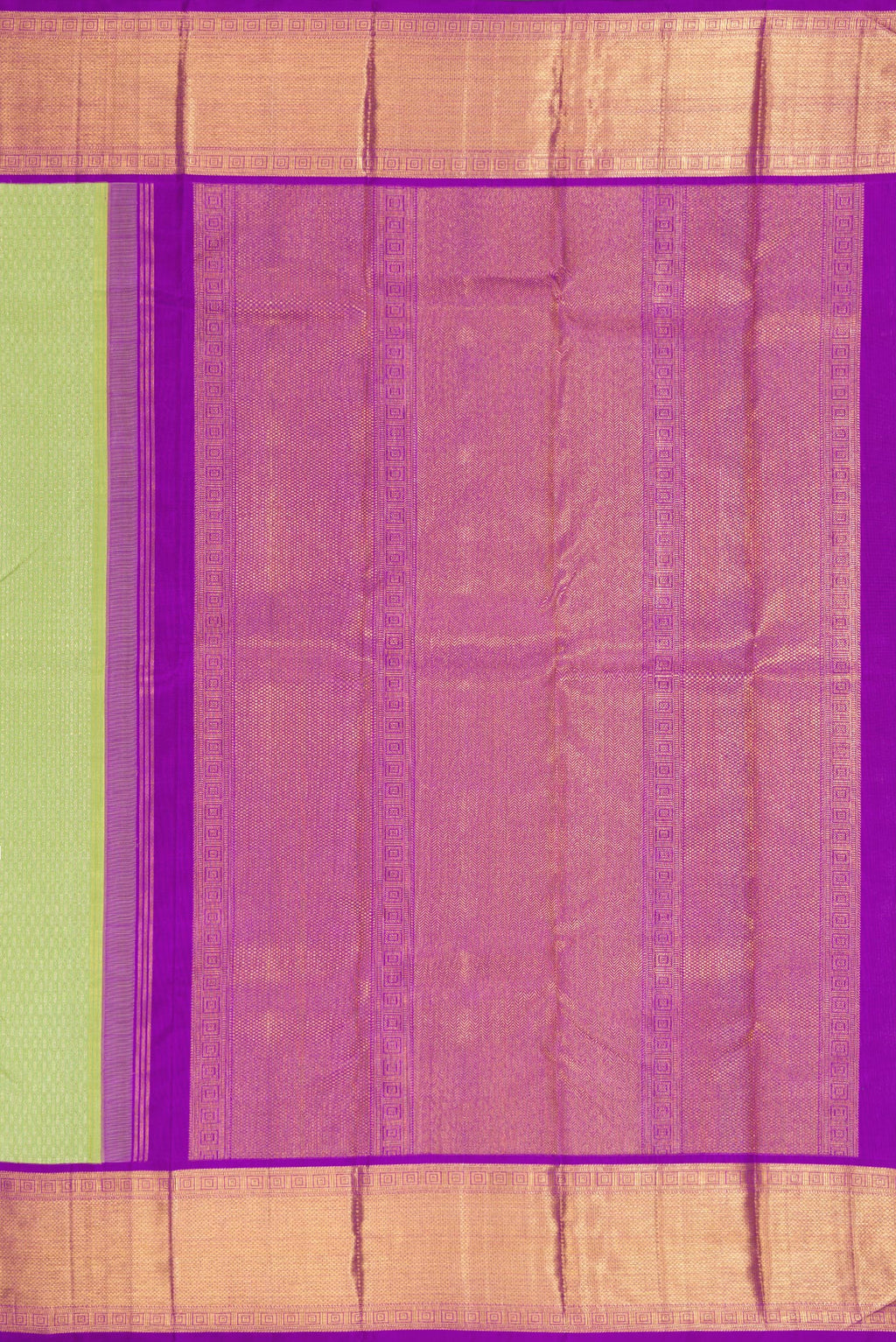 Close up image of the pallu of Pista Green Dual Tone Kanjivaram Silk Saree with Zari Brocade on the body and Zari Border. 