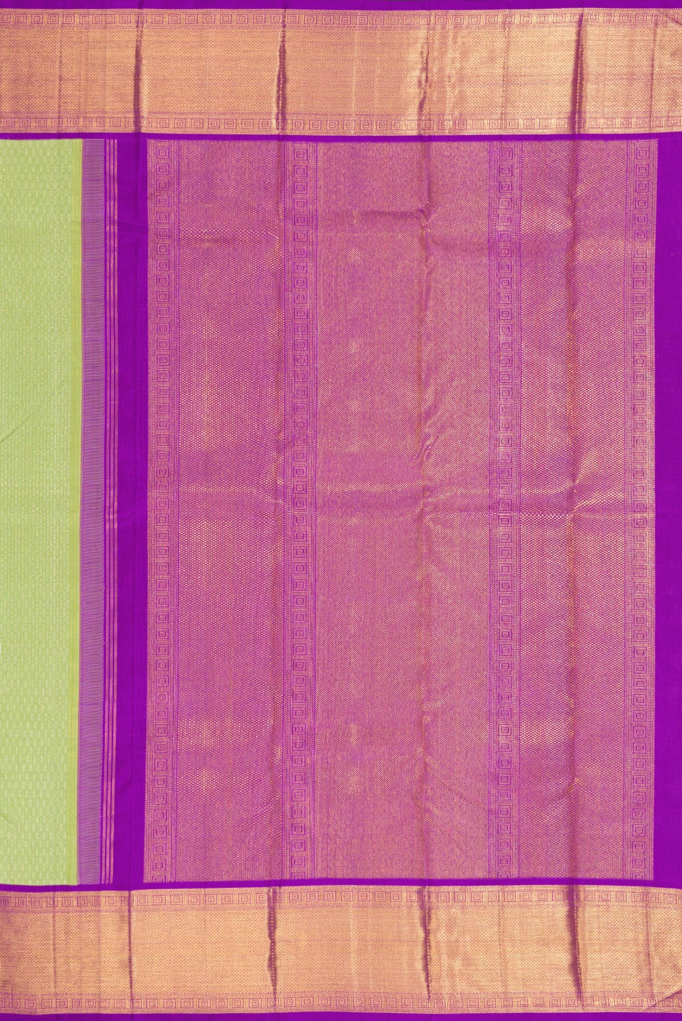 Close up image of the pallu of Pista Green Dual Tone Kanjivaram Silk Saree with Zari Brocade on the body and Zari Border. 
