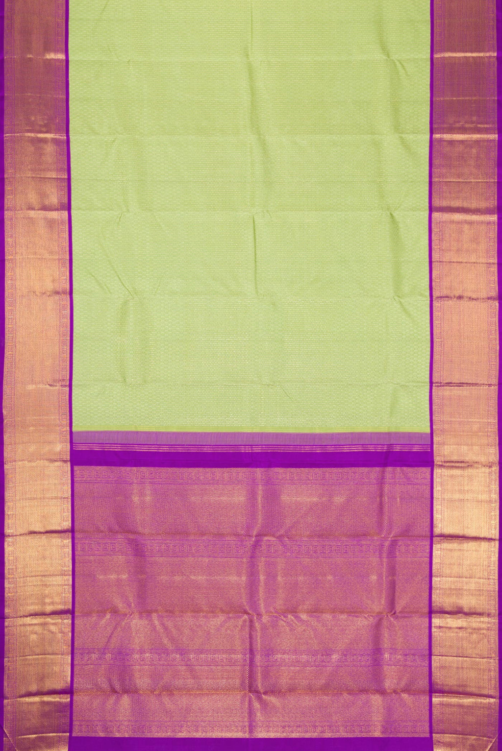 Flat view of Pista Green Dual Tone Kanjivaram Silk Saree with Zari Brocade on the body and Zari Border. 