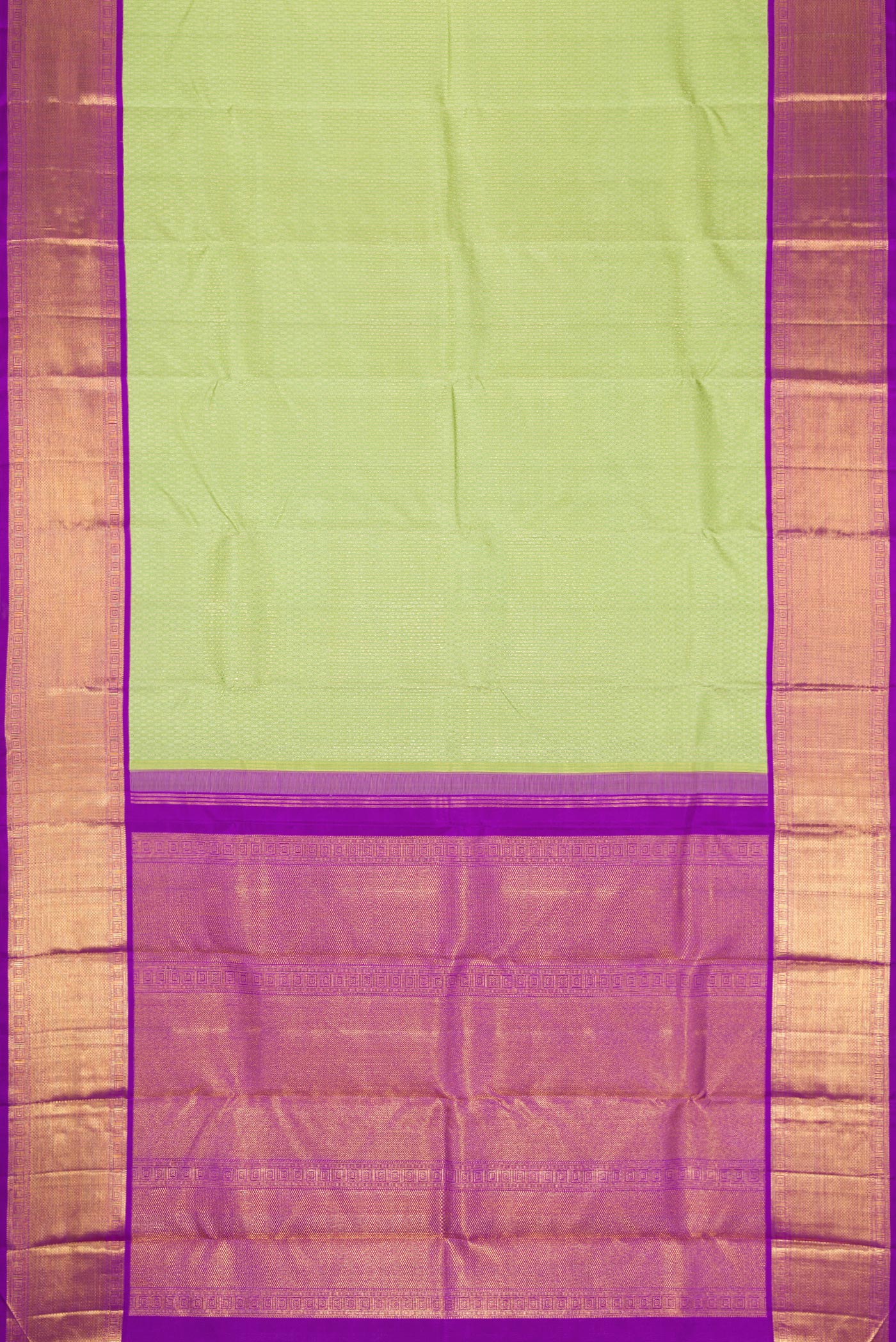 Flat view of Pista Green Dual Tone Kanjivaram Silk Saree with Zari Brocade on the body and Zari Border. 