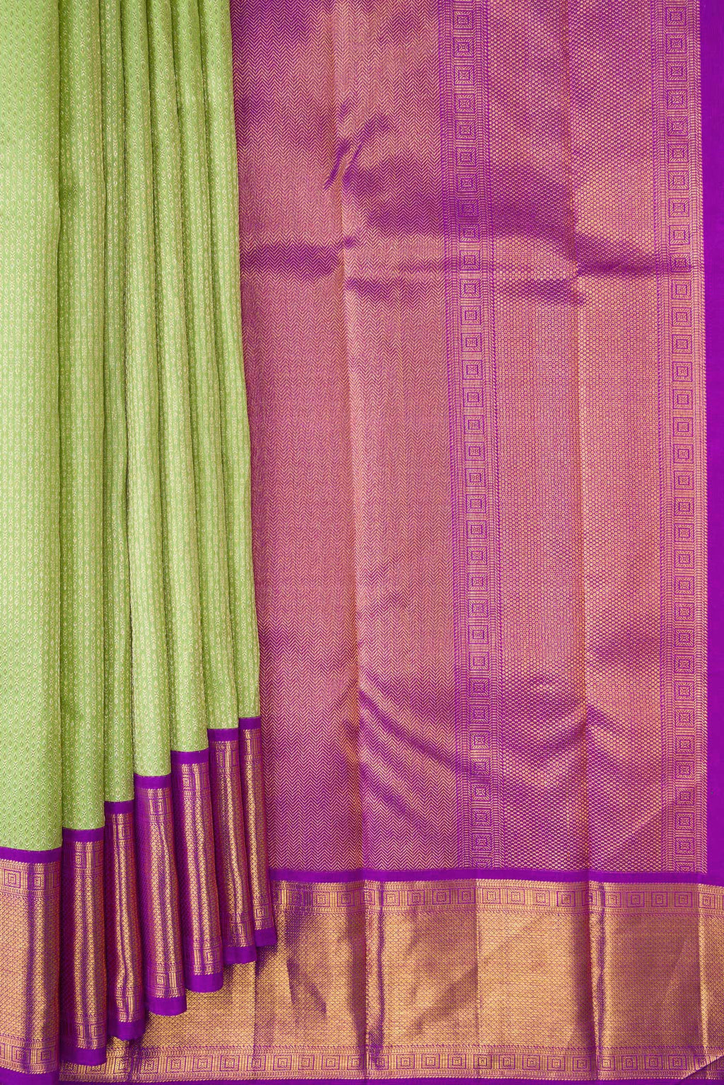 Pleats and pallu of Pista Green Dual Tone Kanjivaram Silk Saree with Zari Brocade on the body and Zari Border. 