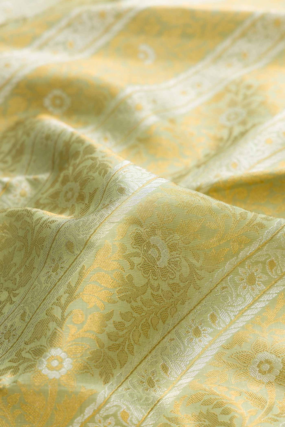 Close up of Pista Green Dual Tone Kanchipuram Silk Saree with Zari Brocade on the body and Zari Border displaying folds