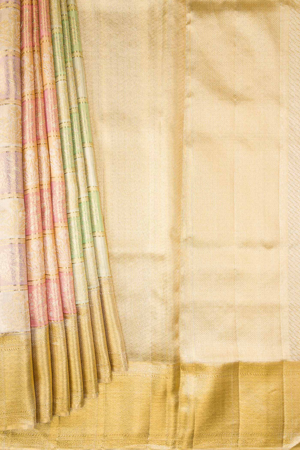 Pleats and pallu of Gold, Sea Green, Pink and Purple Color Kanjivaram Tissue Silk Saree with Zari Brocade on the body and Zari Border. 