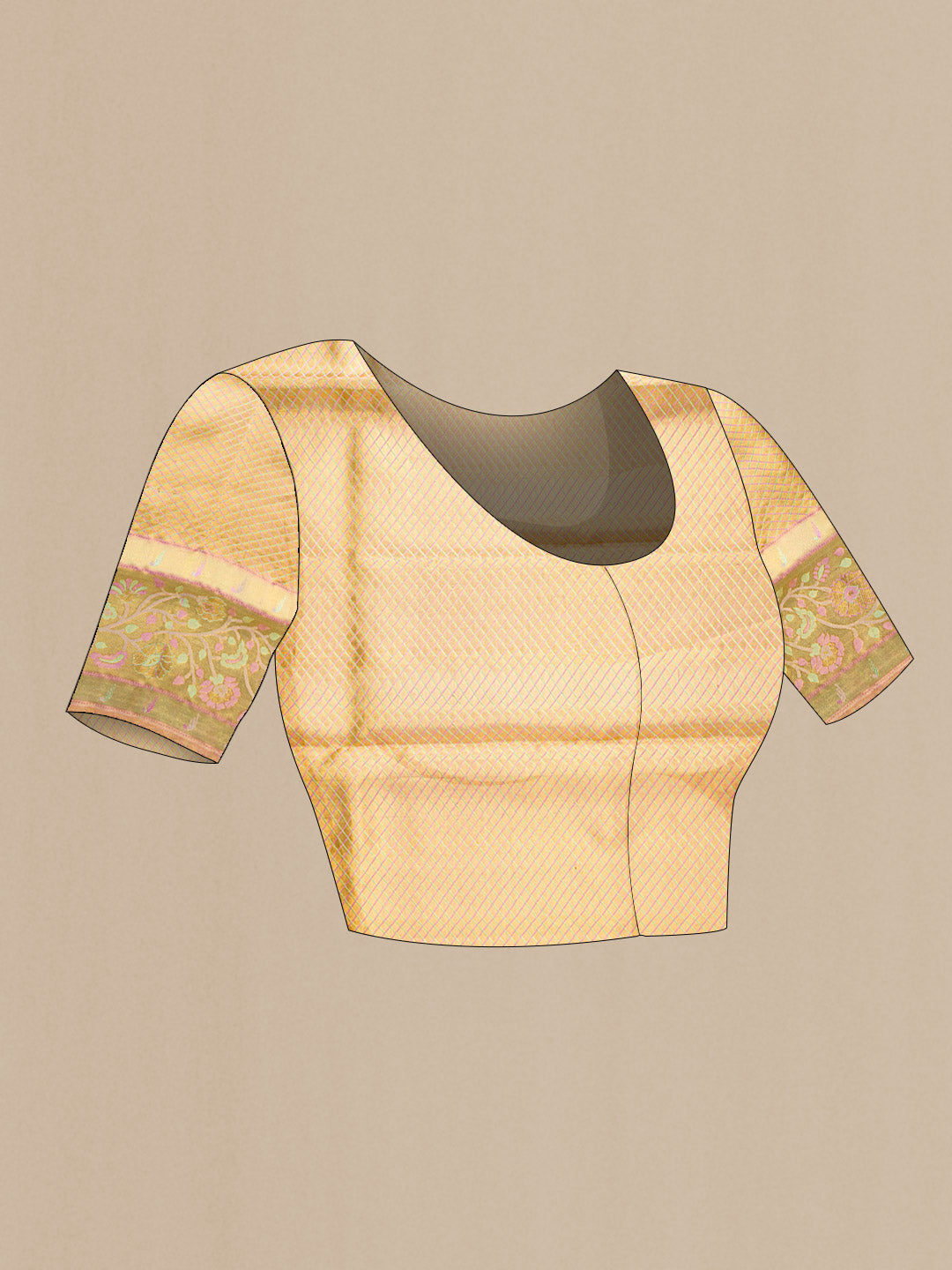 Close up image of the blouse of Gold Dual Tone Kanjivaram Tissue Silk Saree with Zari Brocade on the body and Zari Border. 