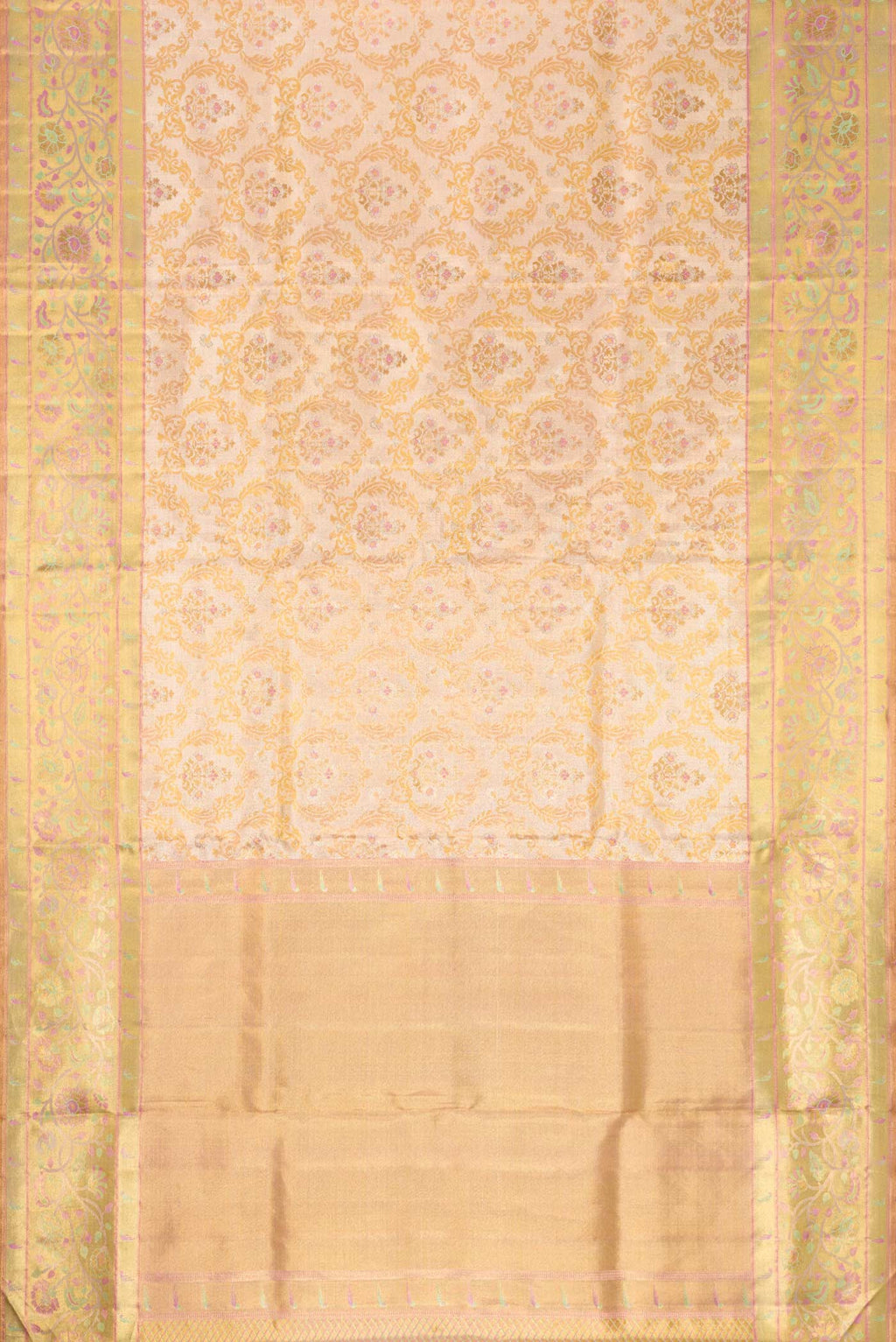 Flat view of Gold Dual Tone Kanjivaram Tissue Silk Saree with Zari Brocade on the body and Zari Border. 