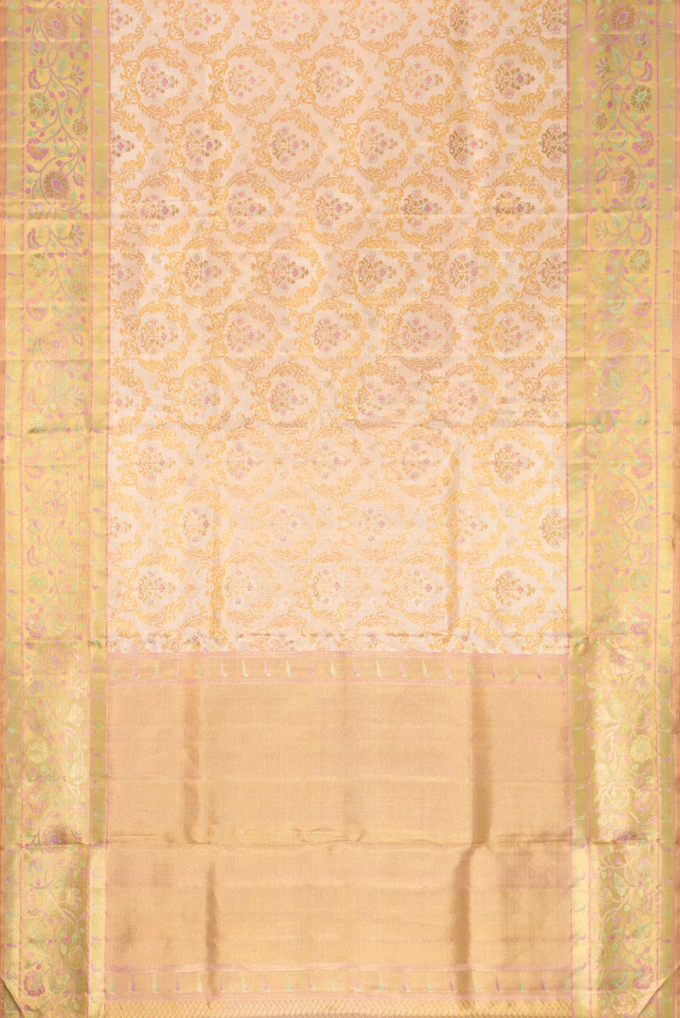 Flat view of Gold Dual Tone Kanjivaram Tissue Silk Saree with Zari Brocade on the body and Zari Border. 