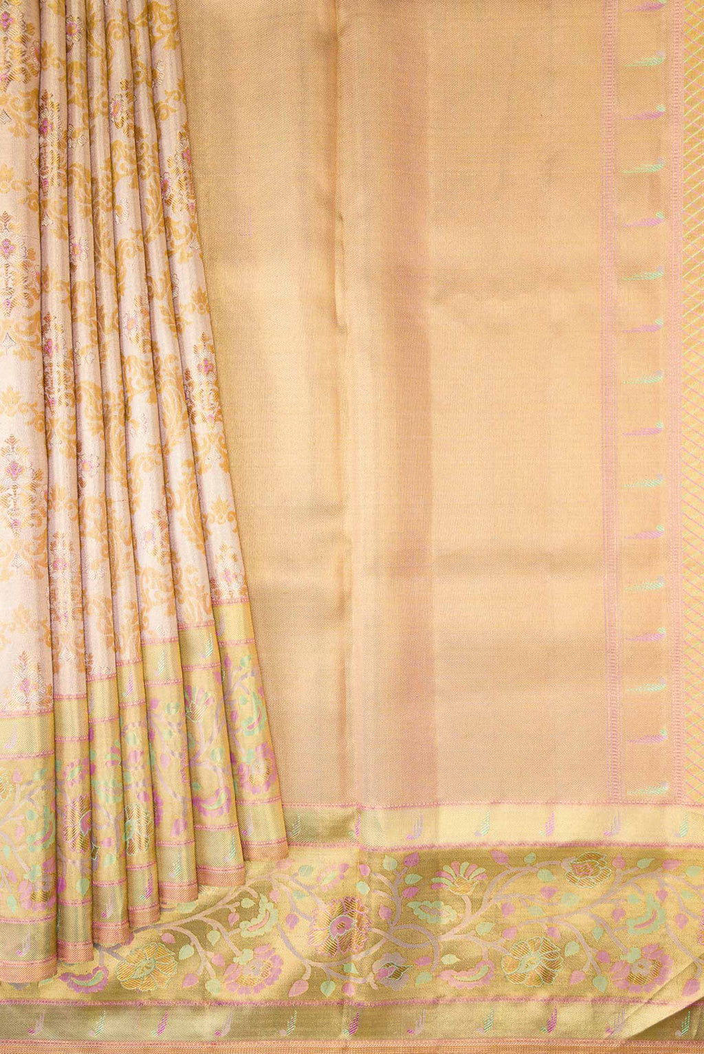 Pleats and pallu of Gold Dual Tone Kanjivaram Tissue Silk Saree with Zari Brocade on the body and Zari Border. 