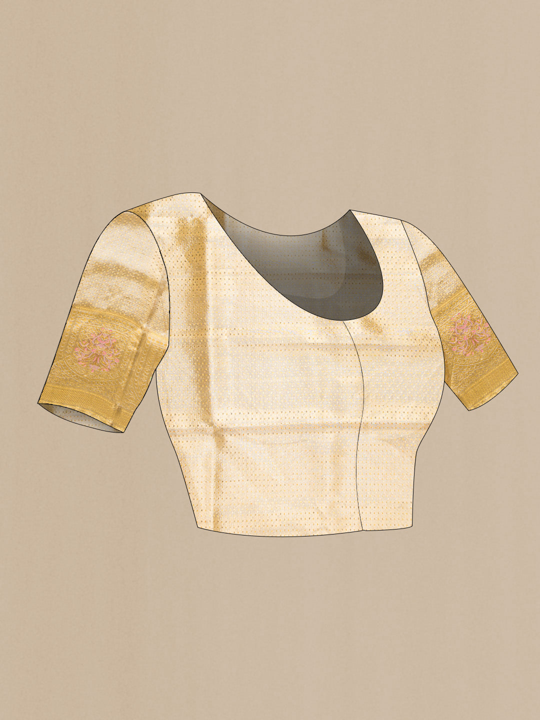 Close up image of the blouse of Gold Dual Tone Kanjivaram Tissue Silk Saree with Zari Brocade on the body and Fancy Border. 