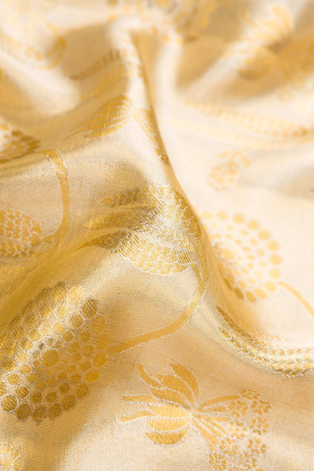Close up of Gold Dual Tone Kanjivaram Tissue Silk Saree with Zari Brocade on the body and Fancy Border.  displaying folds