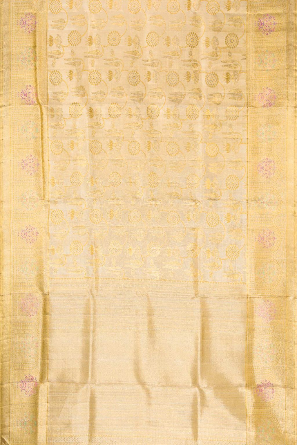 Flat view of Gold Dual Tone Kanjivaram Tissue Silk Saree with Zari Brocade on the body and Fancy Border. 