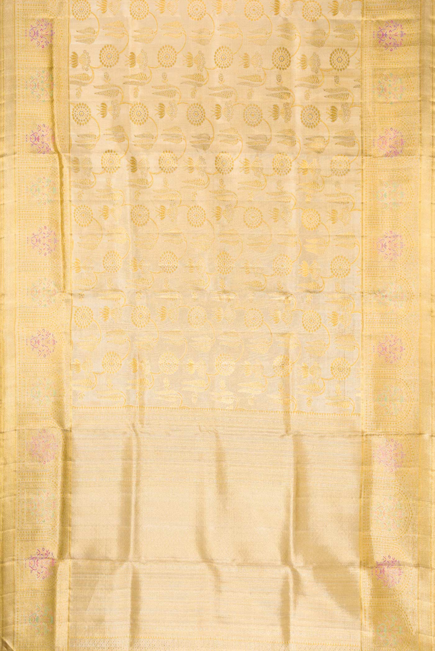 Flat view of Gold Dual Tone Kanjivaram Tissue Silk Saree with Zari Brocade on the body and Fancy Border. 