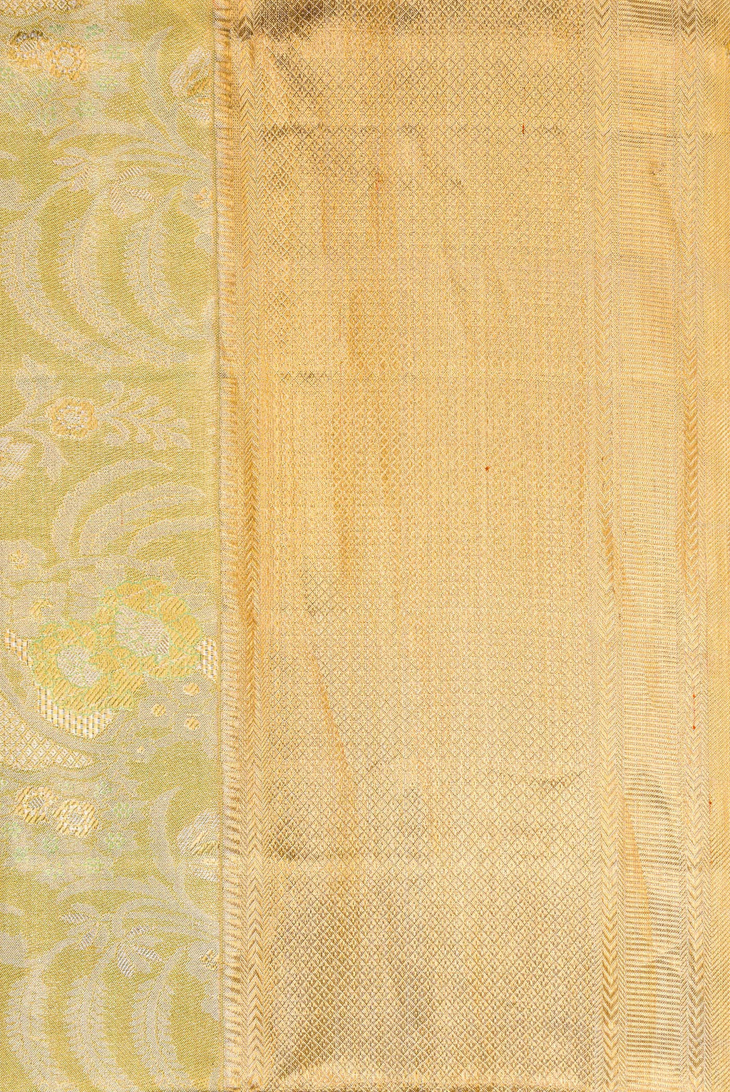 Border image of Pista Green Dual Tone Kanjivaram Tissue Silk Saree with Zari Brocade on the body and Zari Border. 