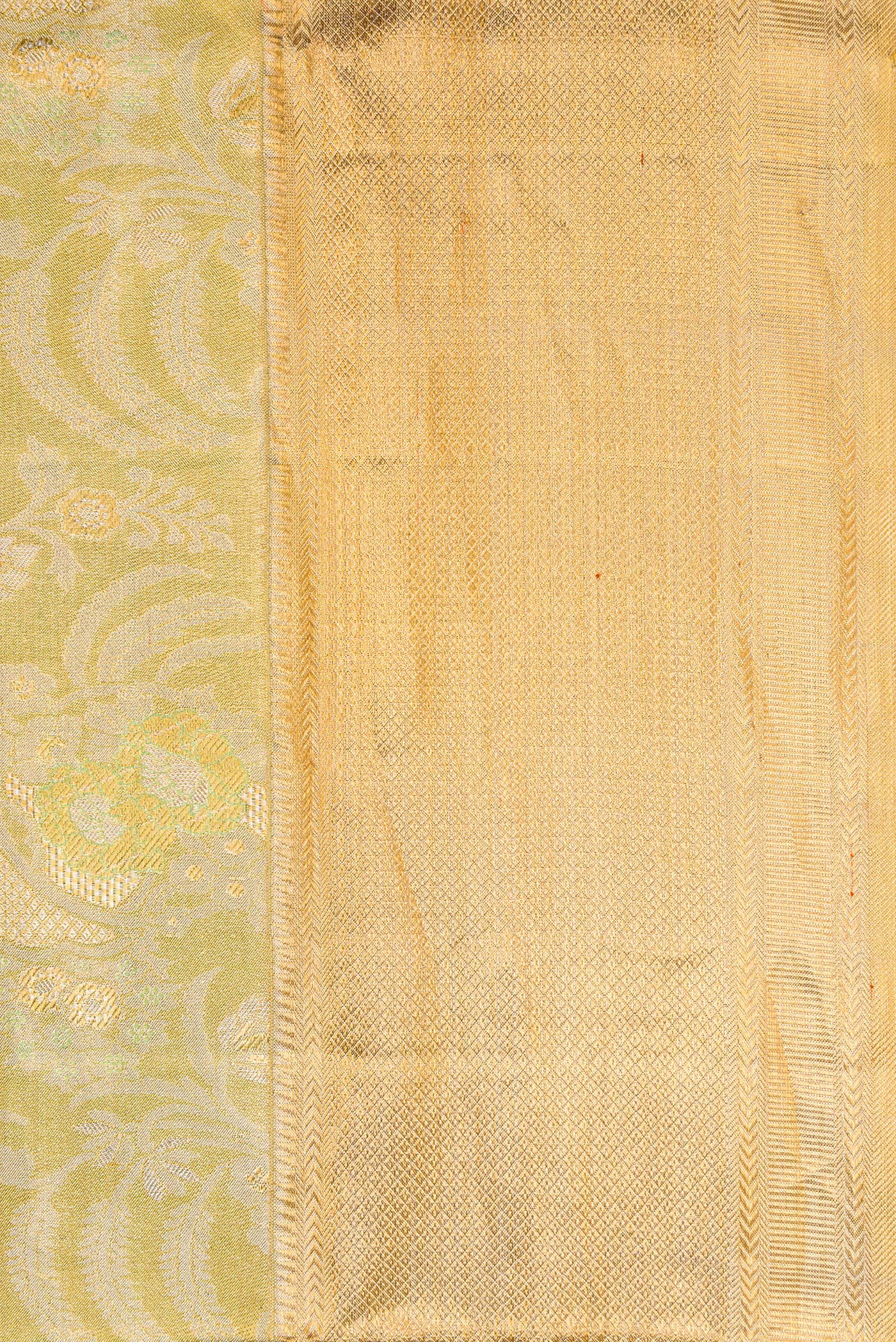 Border image of Pista Green Dual Tone Kanjivaram Tissue Silk Saree with Zari Brocade on the body and Zari Border. 
