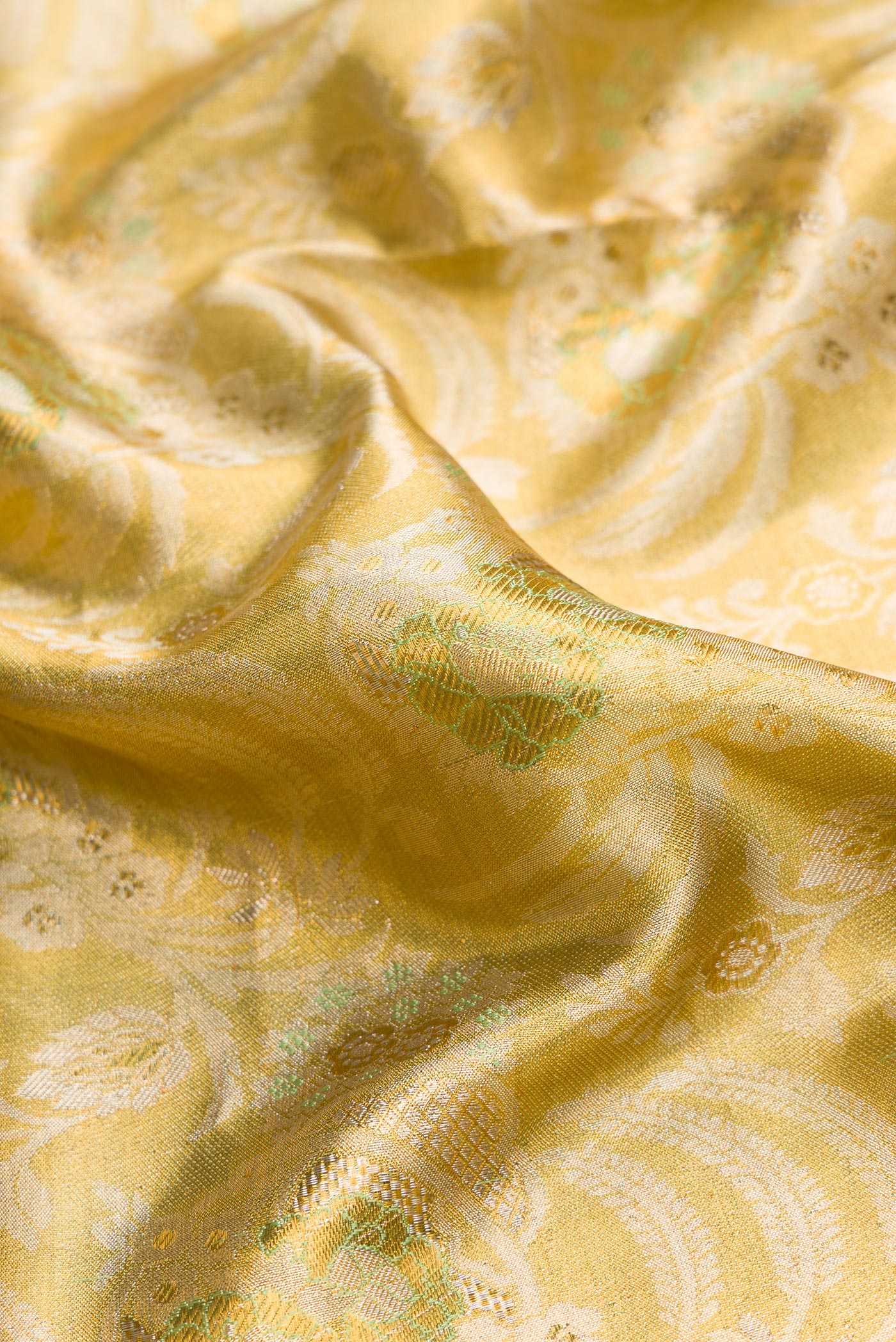 Close up of Pista Green Dual Tone Kanjivaram Tissue Silk Saree with Zari Brocade on the body and Zari Border.  displaying folds
