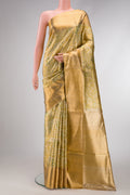 Pista Green Dual Tone Kanjivaram Tissue Silk Saree with Zari Brocade on the body and Zari Border.  displayed on a mannequin
