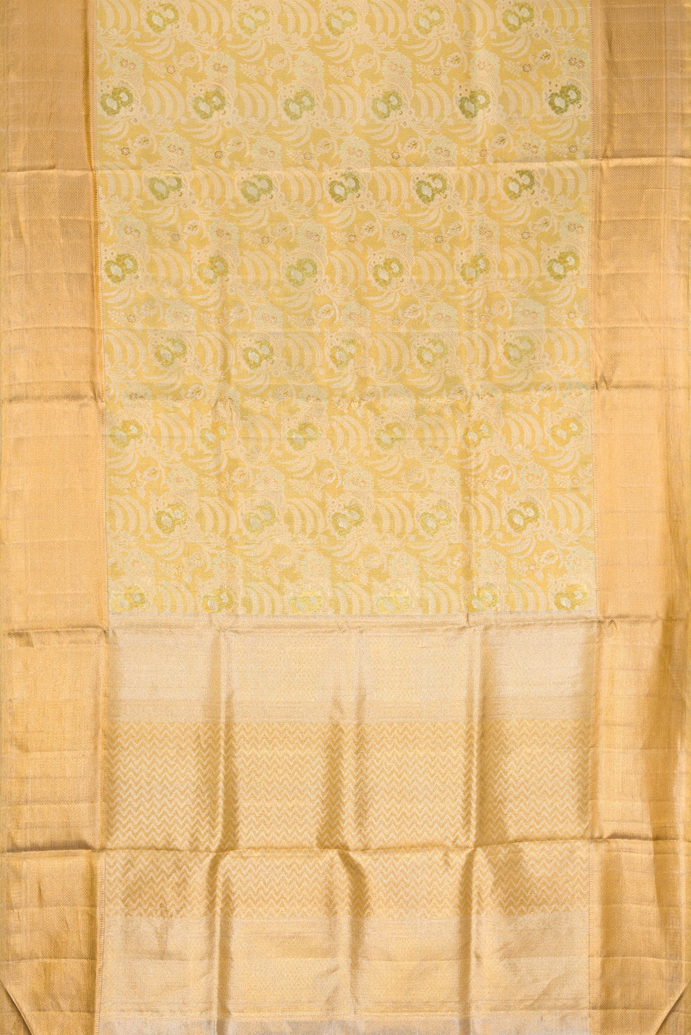 Flat view of Pista Green Dual Tone Kanjivaram Tissue Silk Saree with Zari Brocade on the body and Zari Border. 