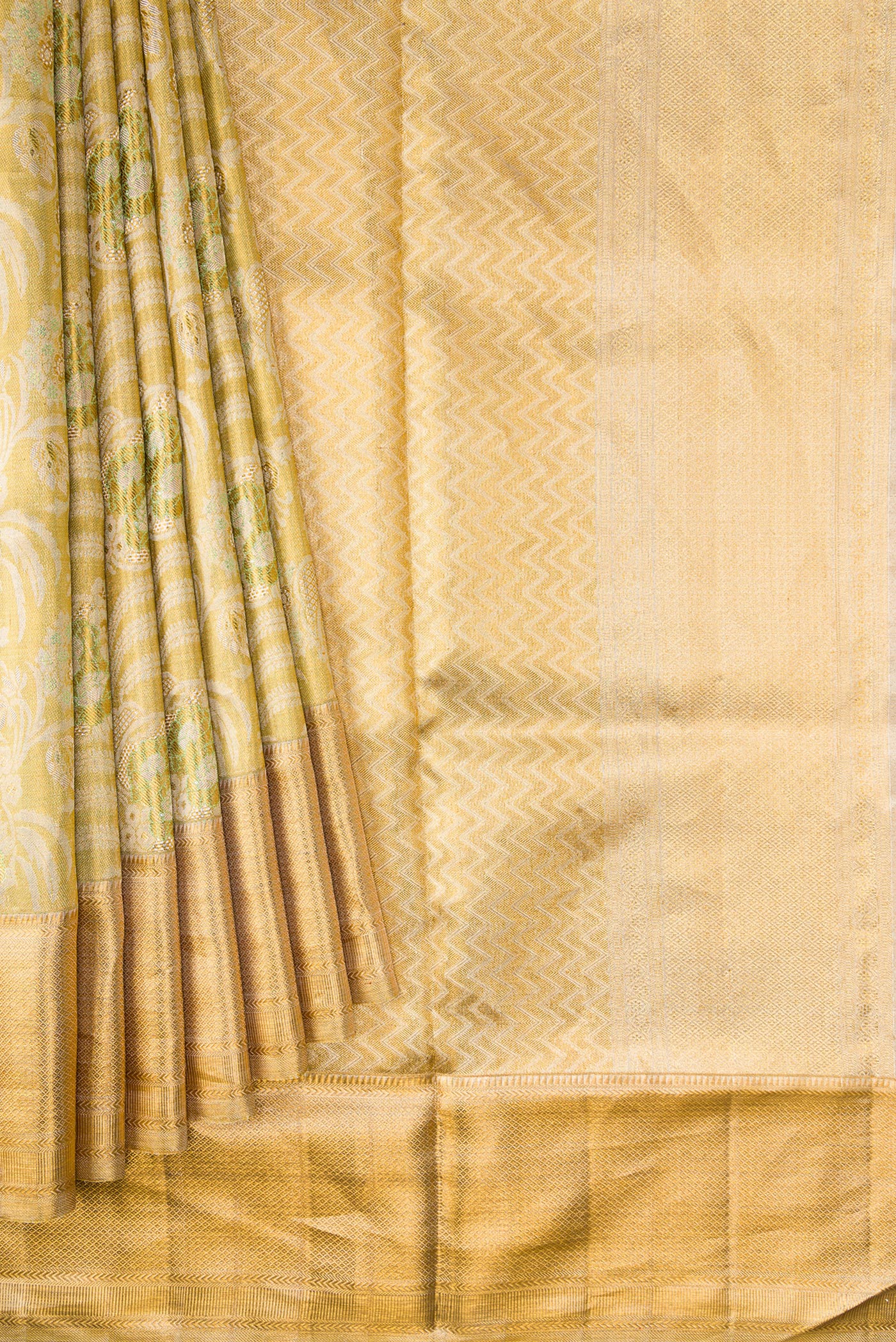 Pleats and pallu of Pista Green Dual Tone Kanjivaram Tissue Silk Saree with Zari Brocade on the body and Zari Border. 