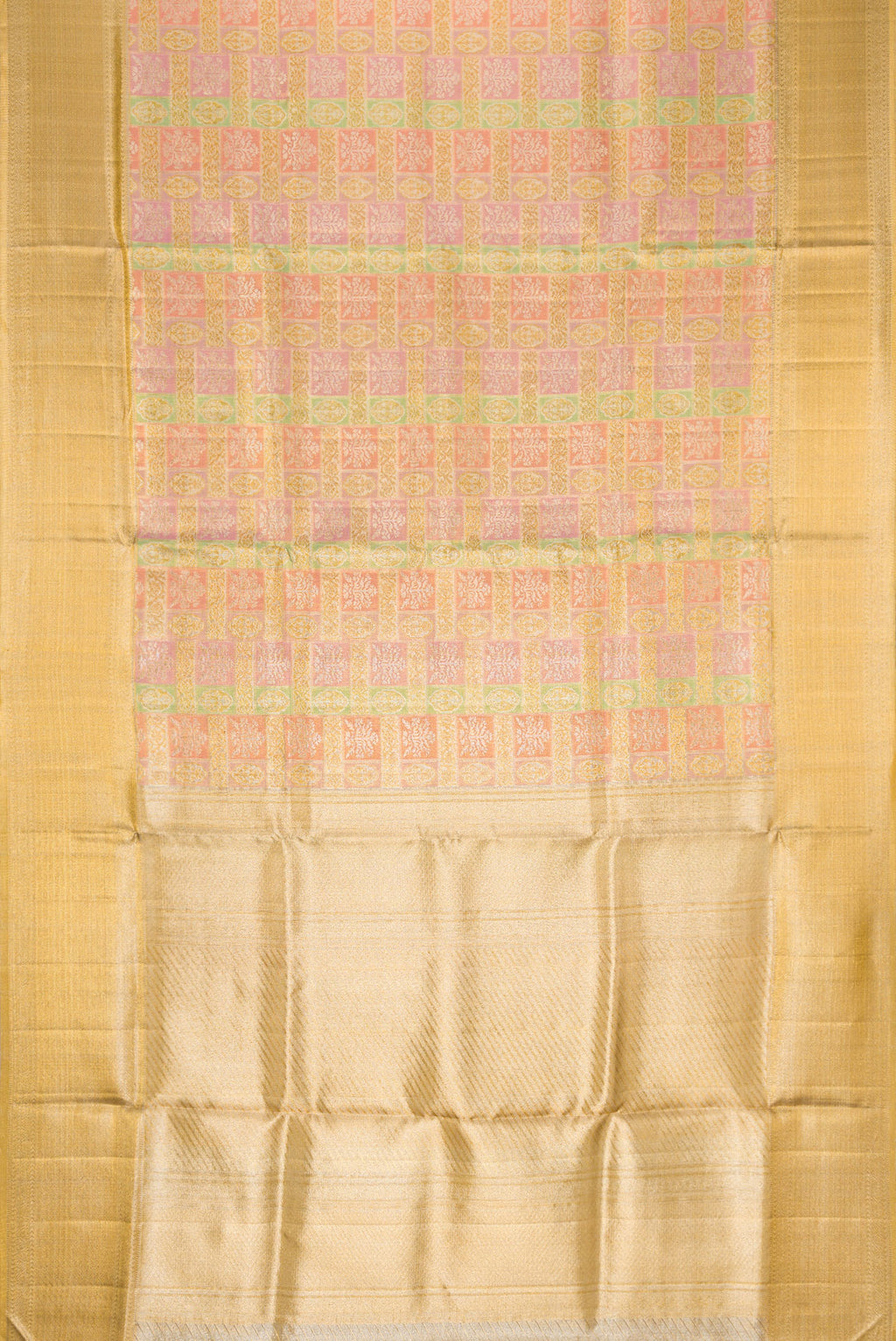 Flat view of Pista Green Dual Tone Kanjivaram Tissue Silk Saree with Zari Brocade on the body and Zari Border. 