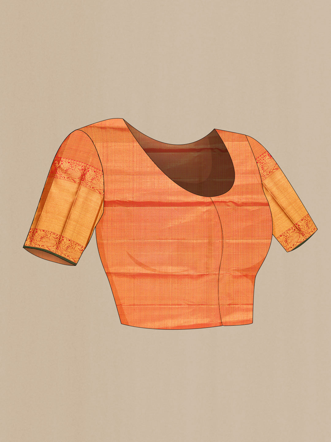 Close up image of the blouse of Pure Silk Pure Zari Gold Dual Tone Kanjivaram Tissue Saree with Zari Brocade on the body and Zari Border. 