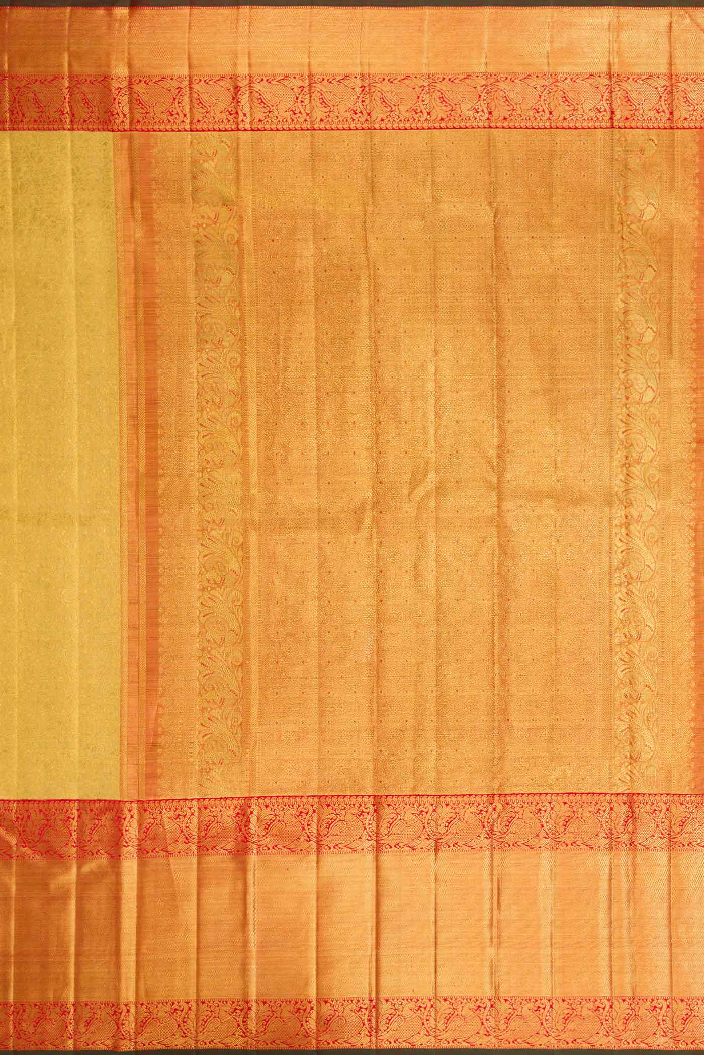 Close up image of the pallu of Pure Silk Pure Zari Gold Dual Tone Kanjivaram Tissue Saree with Zari Brocade on the body and Zari Border. 