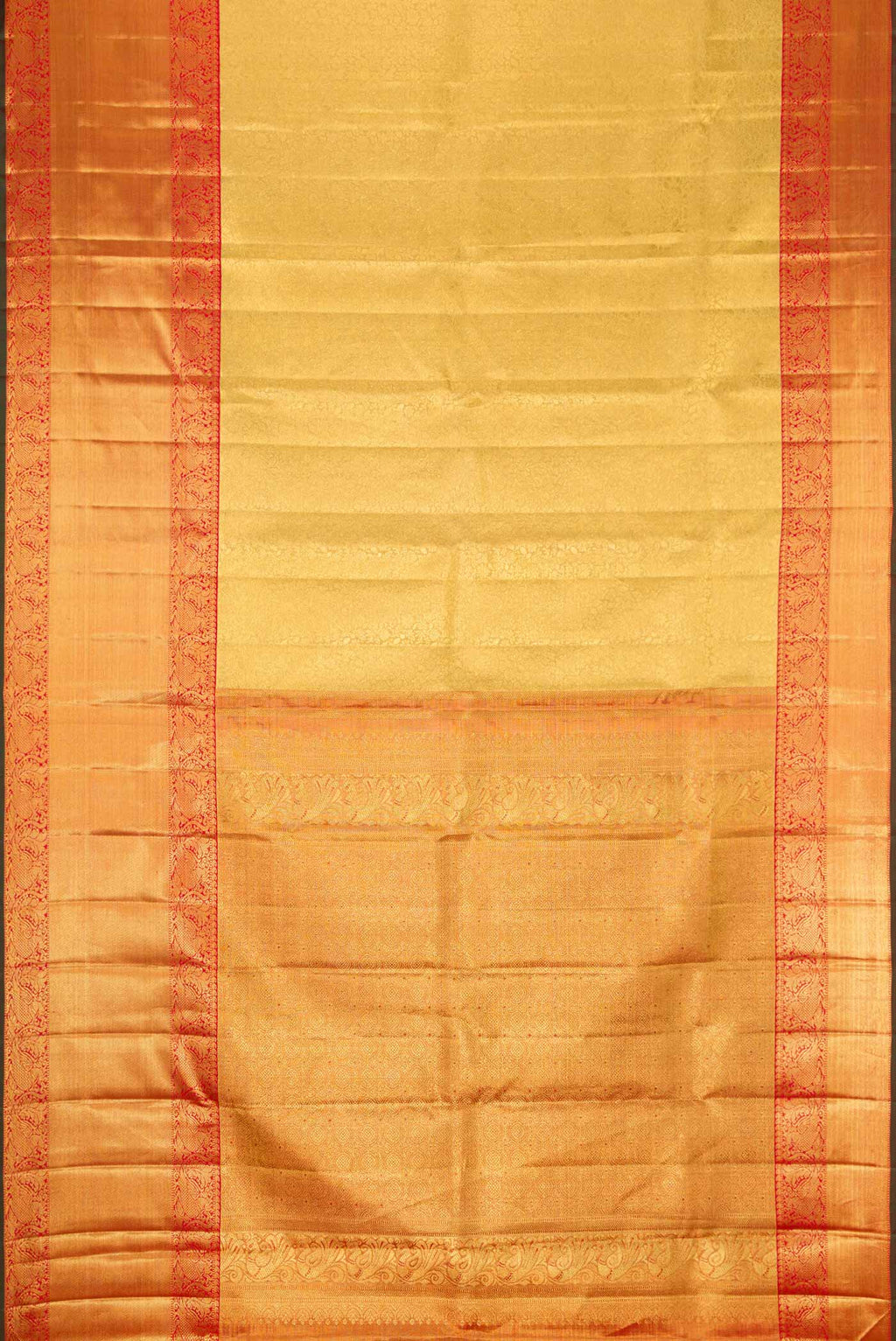 Flat view of Pure Silk Pure Zari Gold Dual Tone Kanjivaram Tissue Saree with Zari Brocade on the body and Zari Border. 