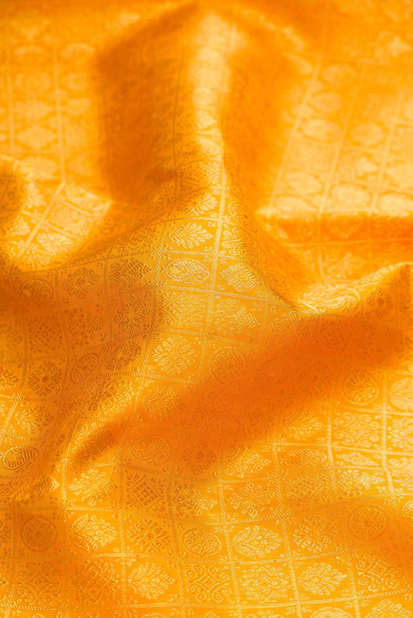 Close up of Pure Silk Pure Zari Mustard Dual Tone Kanchipuram Saree with Zari Brocade on the body and Zari Border displaying folds