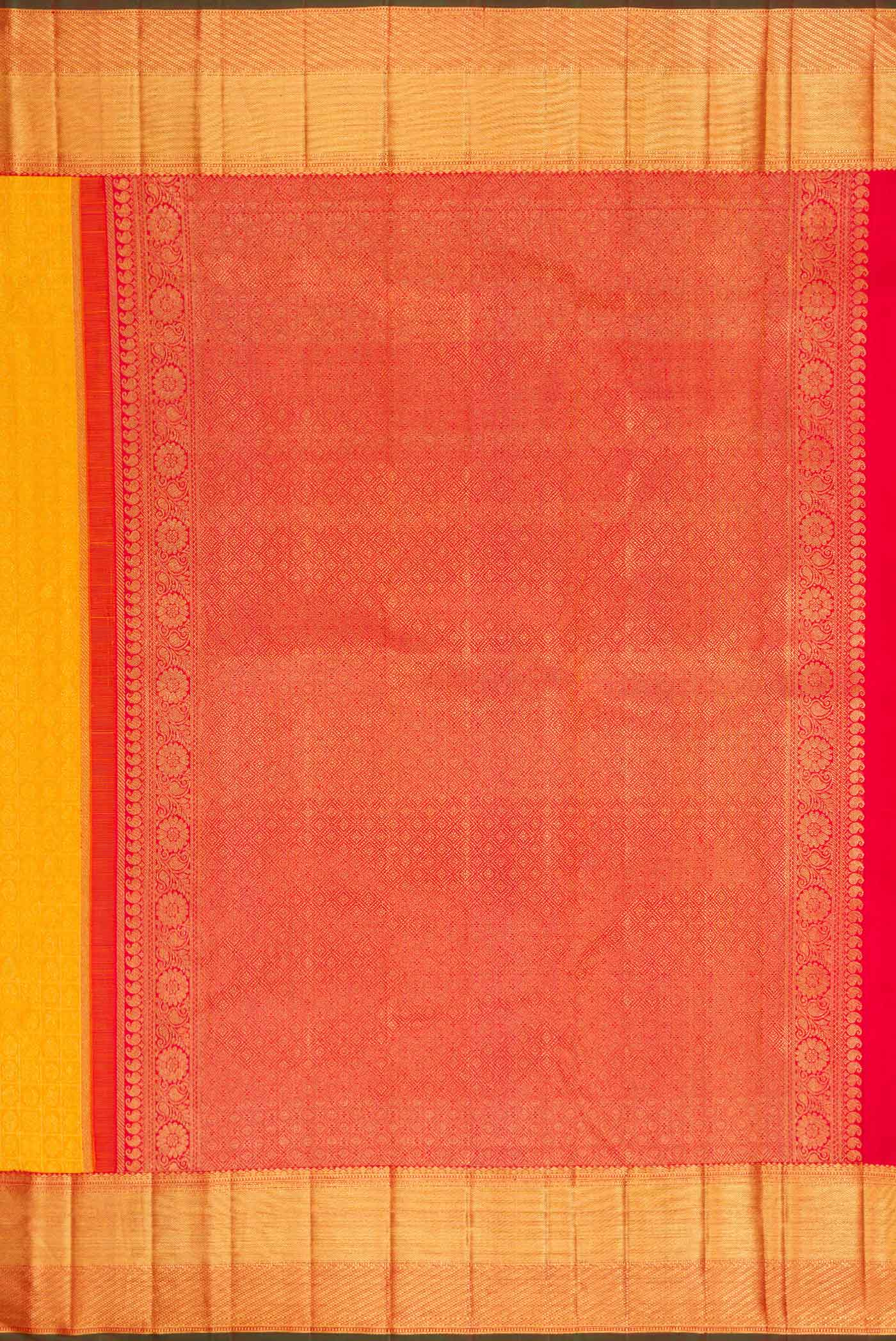 Close up image of the pallu of Pure Silk Pure Zari Mustard Dual Tone Kanchipuram Saree with Zari Brocade on the body and Zari Border