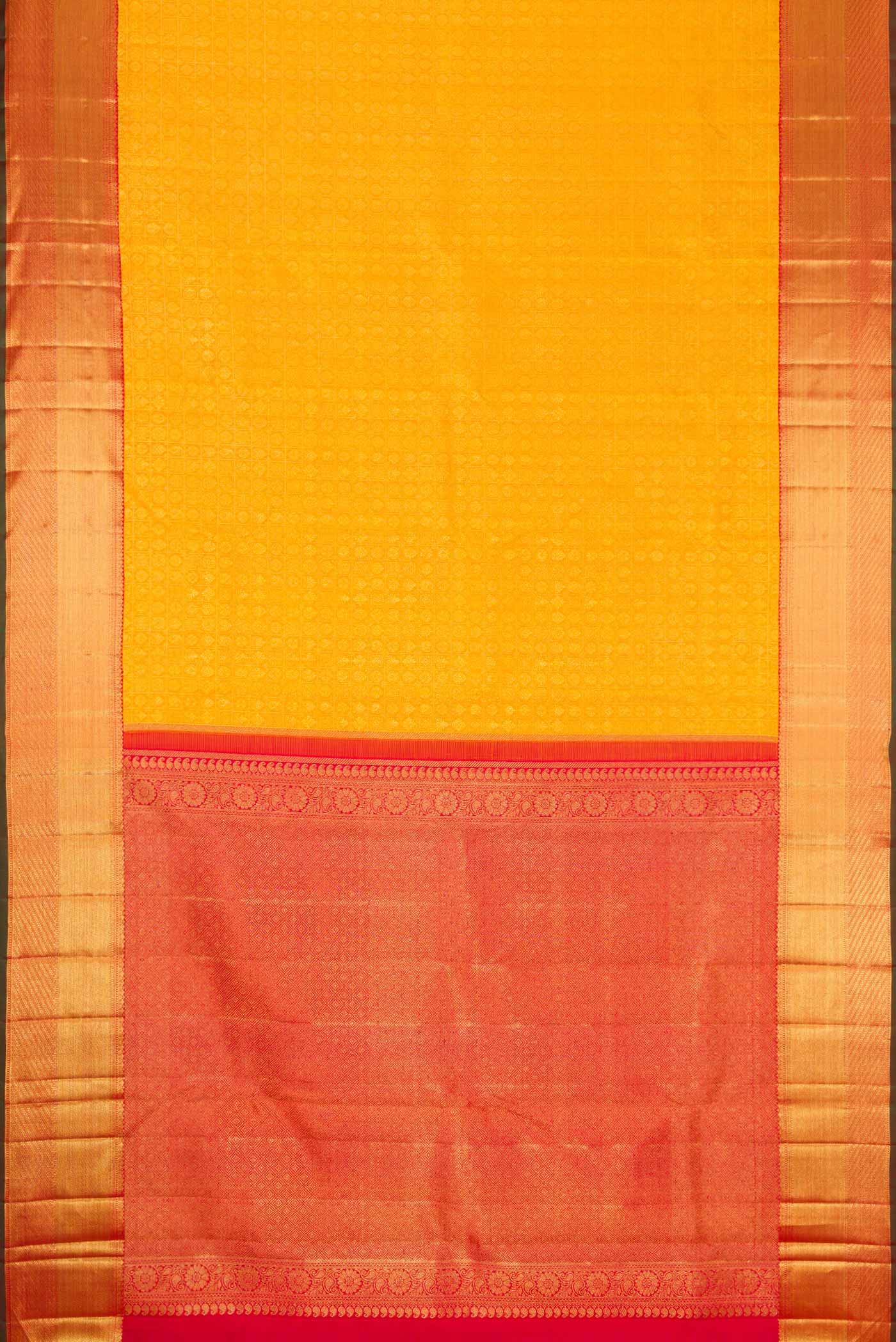 Flat view of Pure Silk Pure Zari Mustard Dual Tone Kanchipuram Saree with Zari Brocade on the body and Zari Border