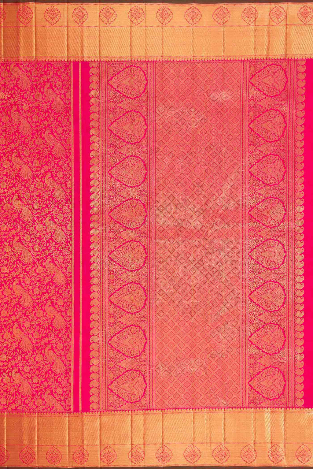 Close up image of the pallu of Pure Silk Pure Zari Pink Dual Tone Kanjivaram Saree with Zari Brocade on the body and Zari Border. 