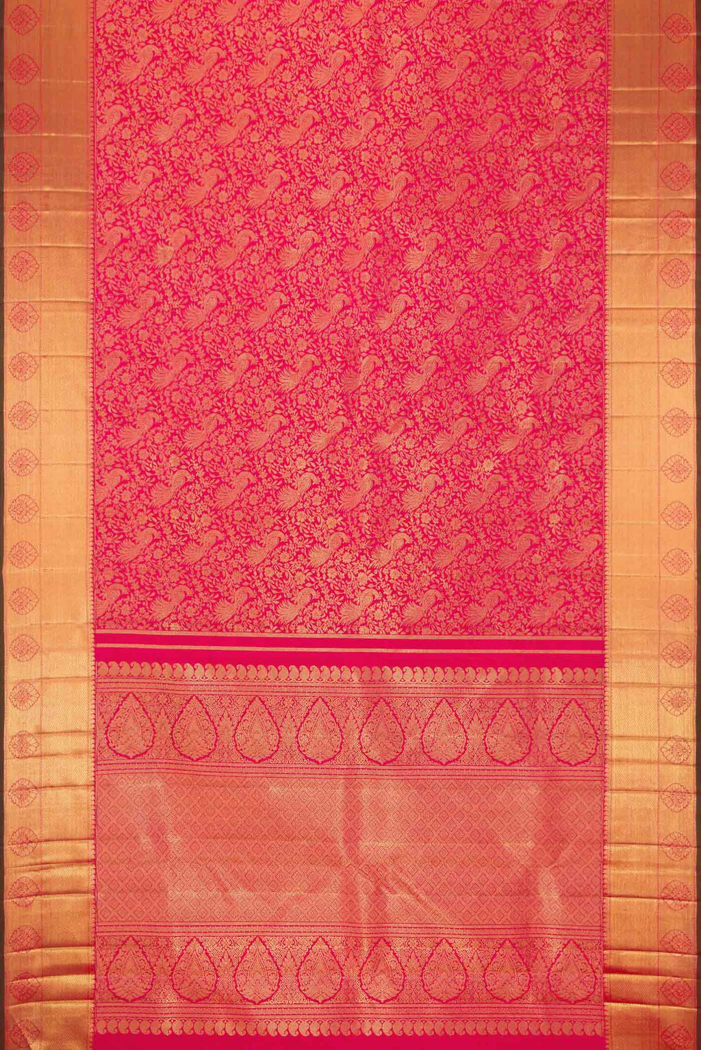 Flat view of Pure Silk Pure Zari Pink Dual Tone Kanjivaram Saree with Zari Brocade on the body and Zari Border. 