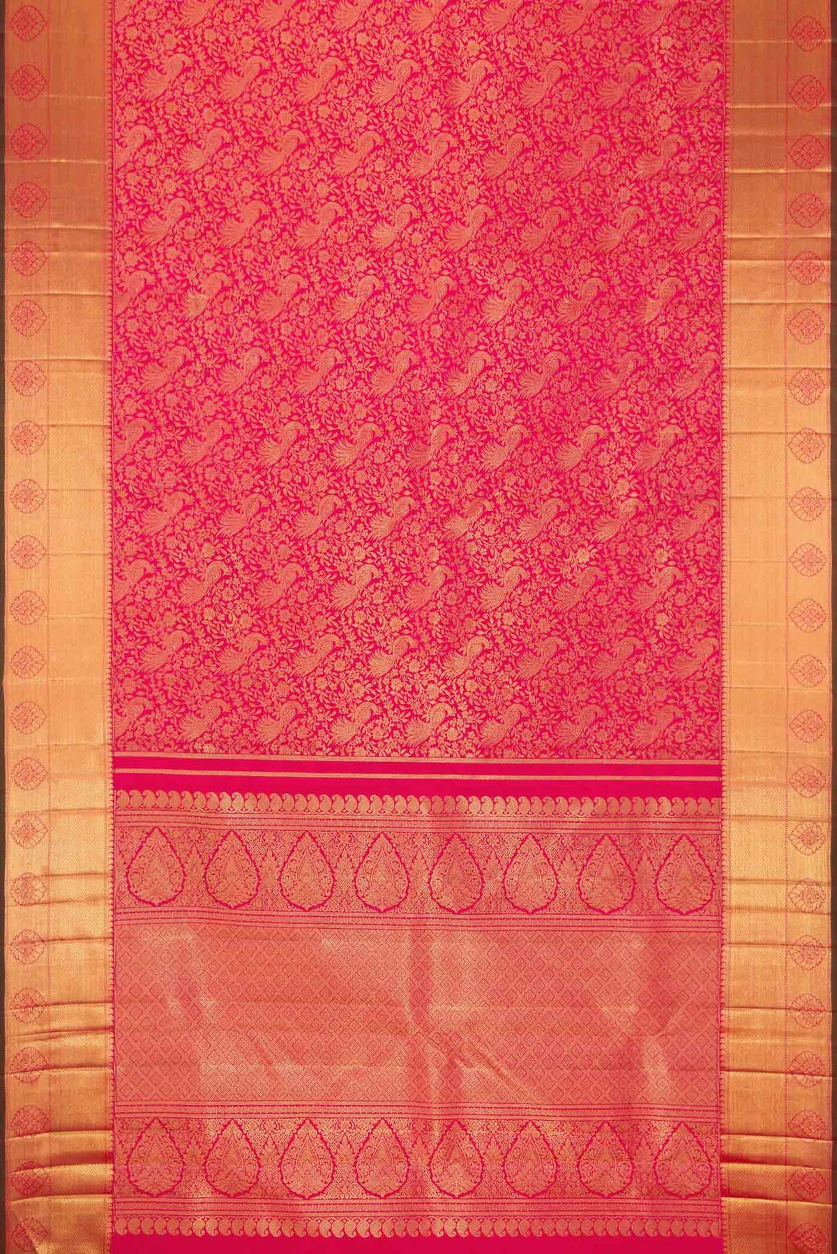 Flat view of Pure Silk Pure Zari Pink Dual Tone Kanjivaram Saree with Zari Brocade on the body and Zari Border. 