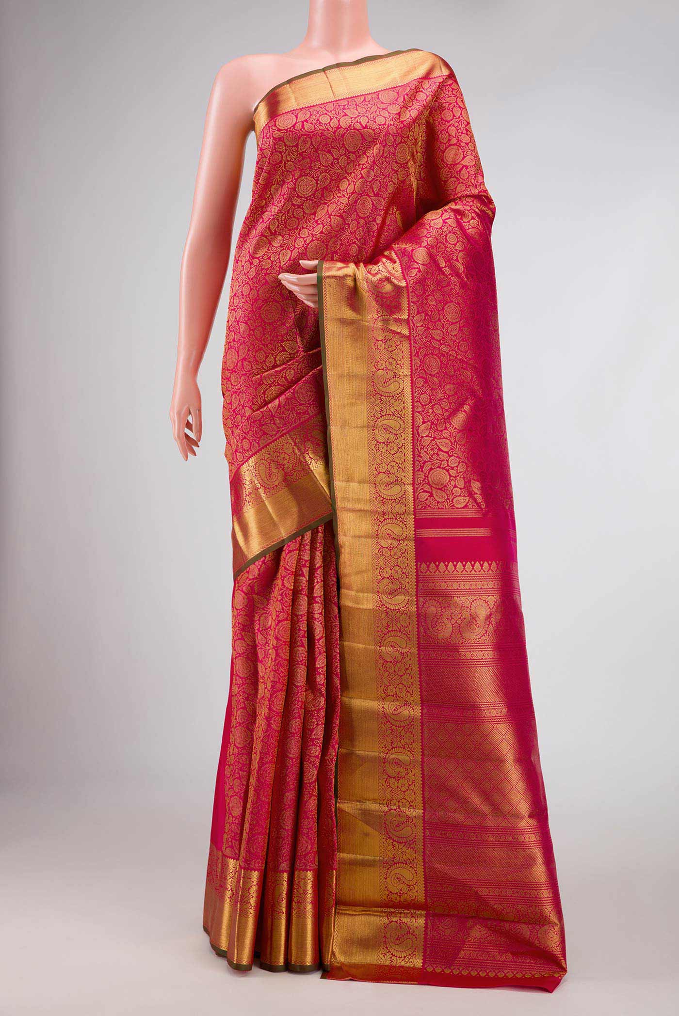 Pure Silk Pure Zari Dark Pink Dual Tone Kanchipuram Saree with Zari Brocade on the body and Zari Border displayed on a mannequin
