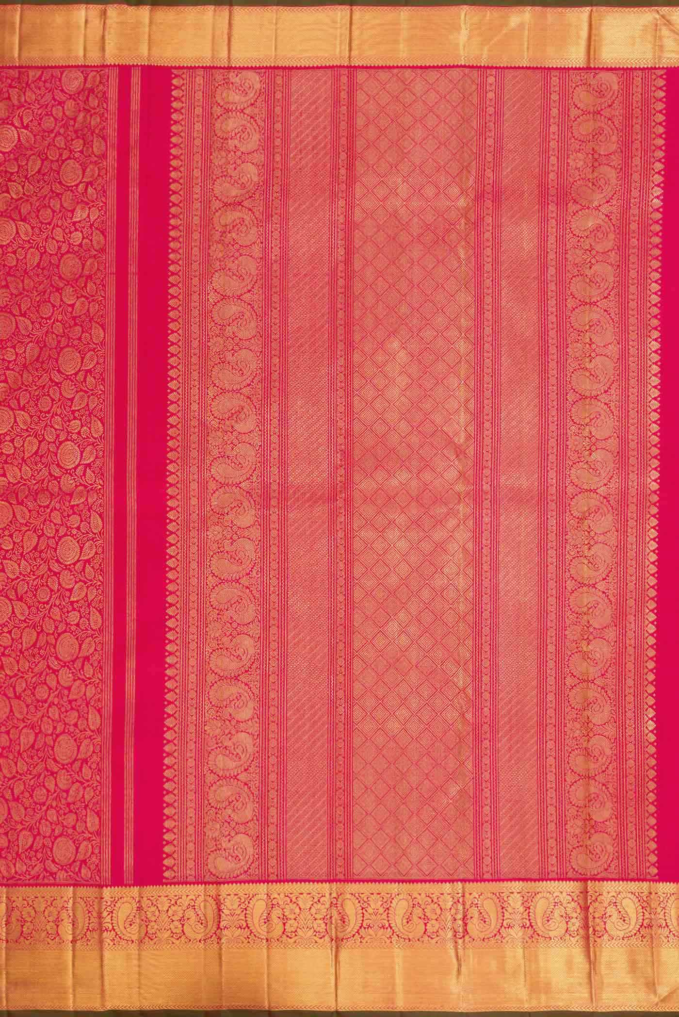 Close up image of the pallu of Pure Silk Pure Zari Dark Pink Dual Tone Kanchipuram Saree with Zari Brocade on the body and Zari Border