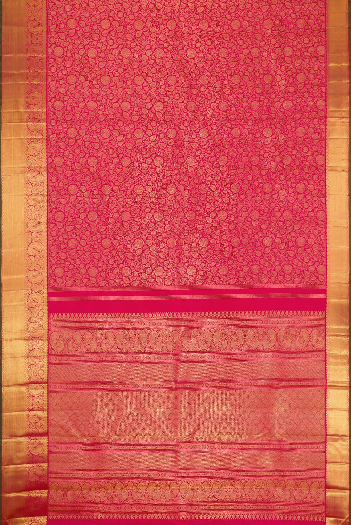 Flat view of Pure Silk Pure Zari Dark Pink Dual Tone Kanchipuram Saree with Zari Brocade on the body and Zari Border