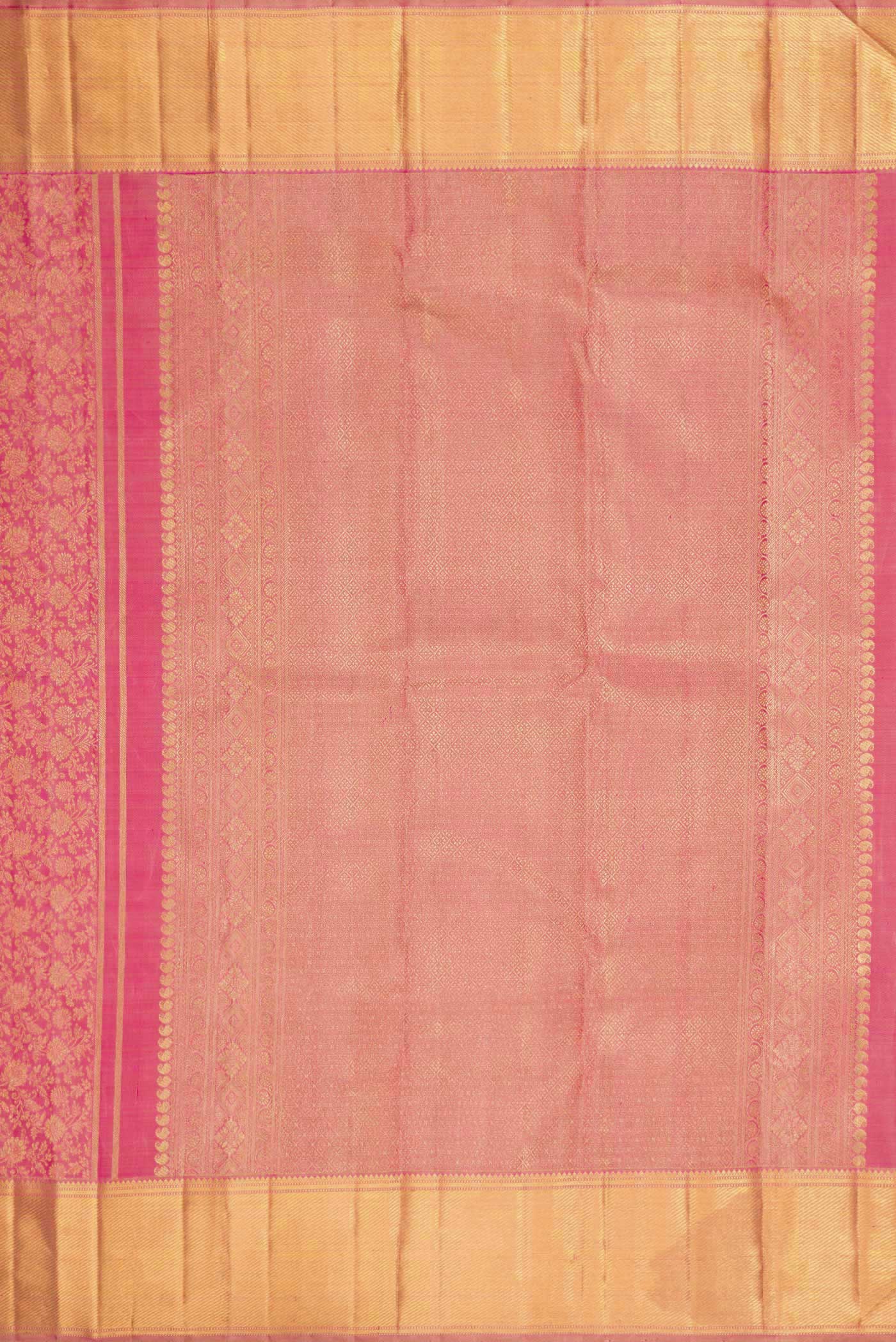 Close up image of the pallu of Pure Silk Pure Zari Pink Dual Tone Kanchipuram Saree with Zari Brocade on the body and Zari Border