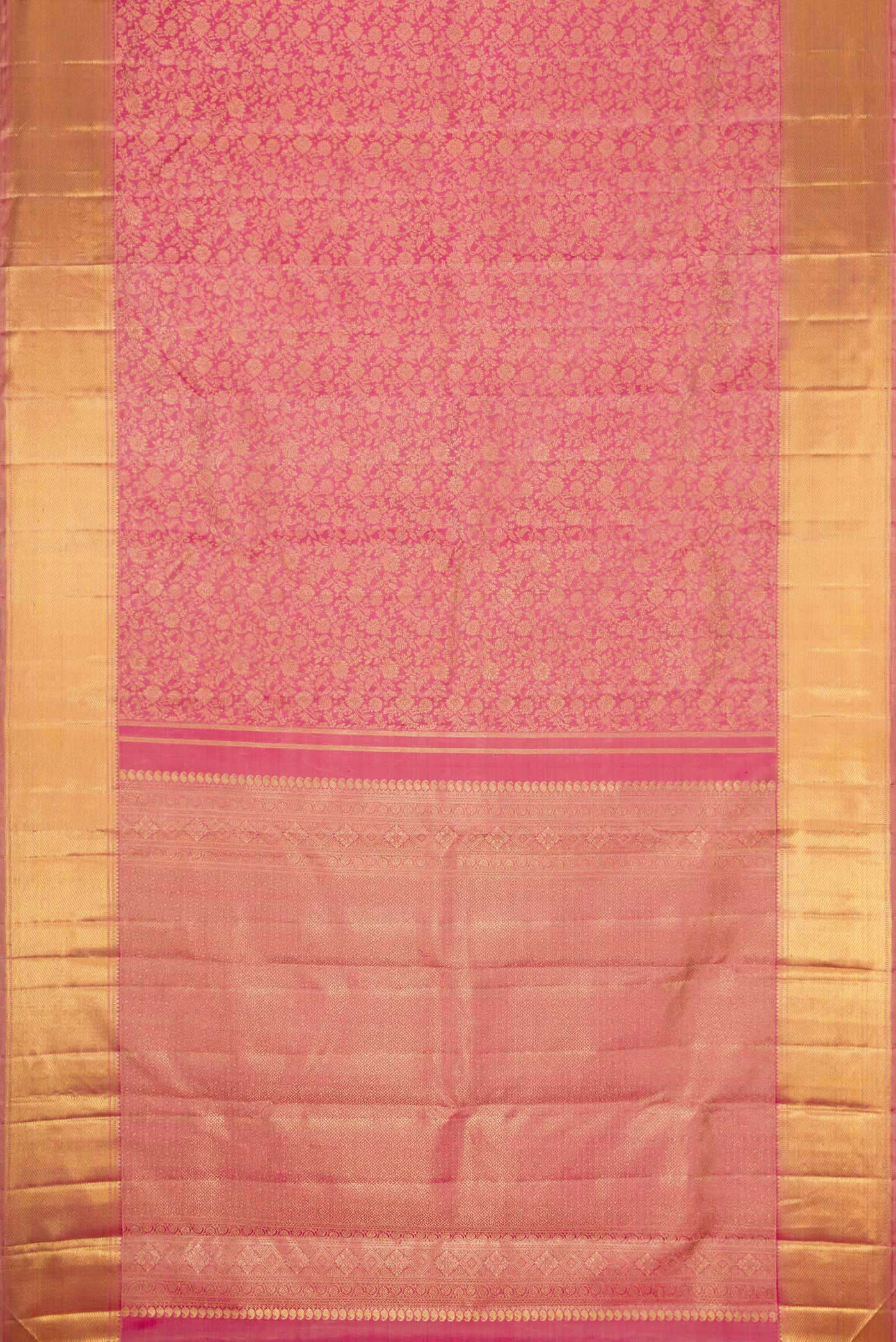 Flat view of Pure Silk Pure Zari Pink Dual Tone Kanchipuram Saree with Zari Brocade on the body and Zari Border
