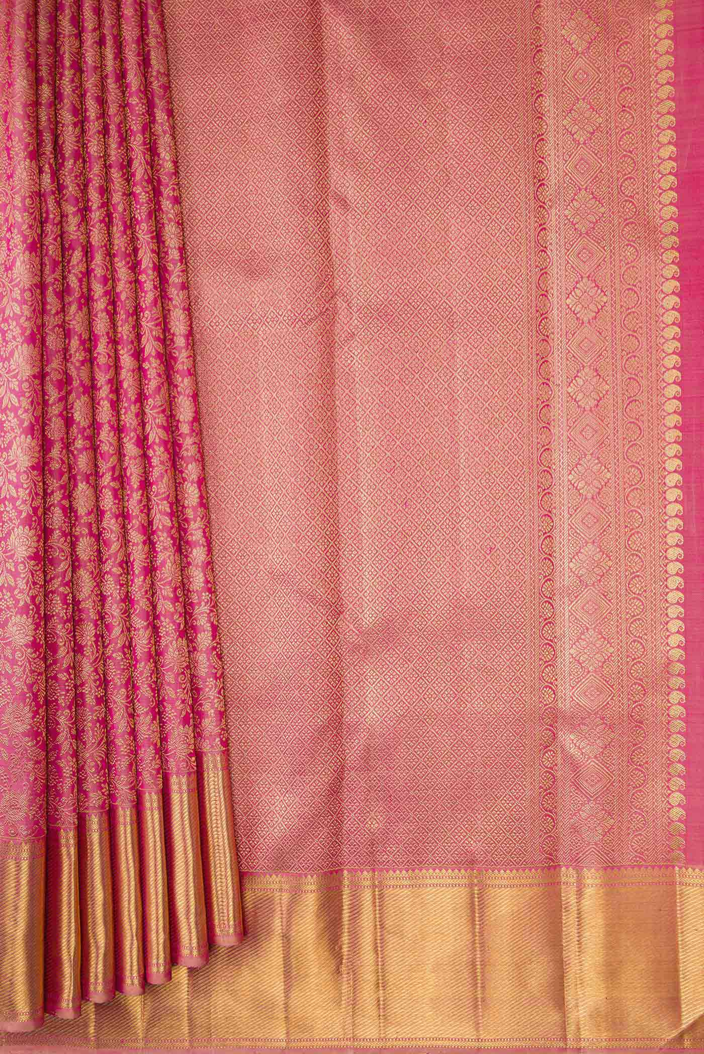 Pleats and pallu of Pure Silk Pure Zari Pink Dual Tone Kanchipuram Saree with Zari Brocade on the body and Zari Border