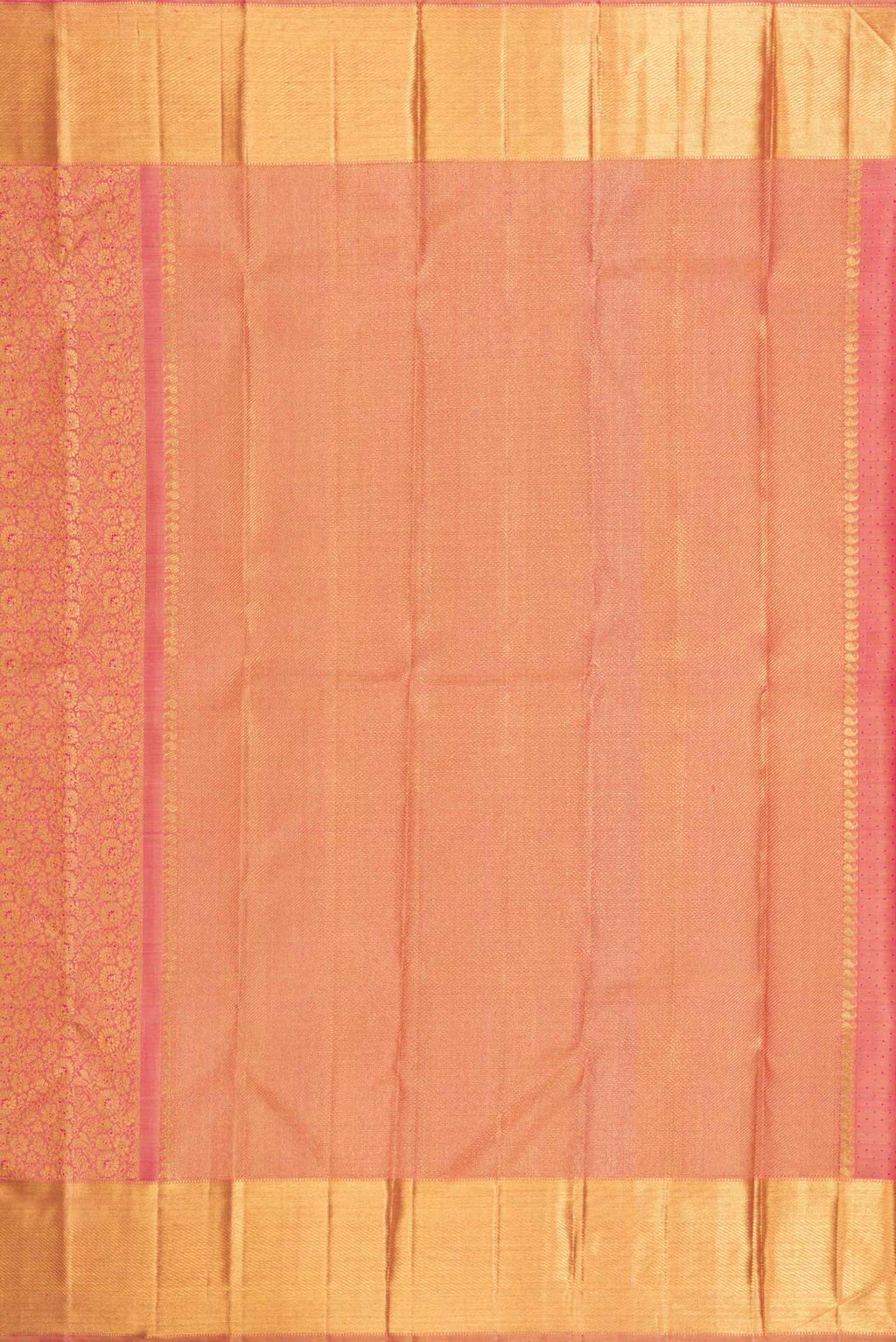Close up image of the pallu of Pure Silk Pure Zari Coral Kanchipuram Saree with Zari Brocade on the body and Zari Border