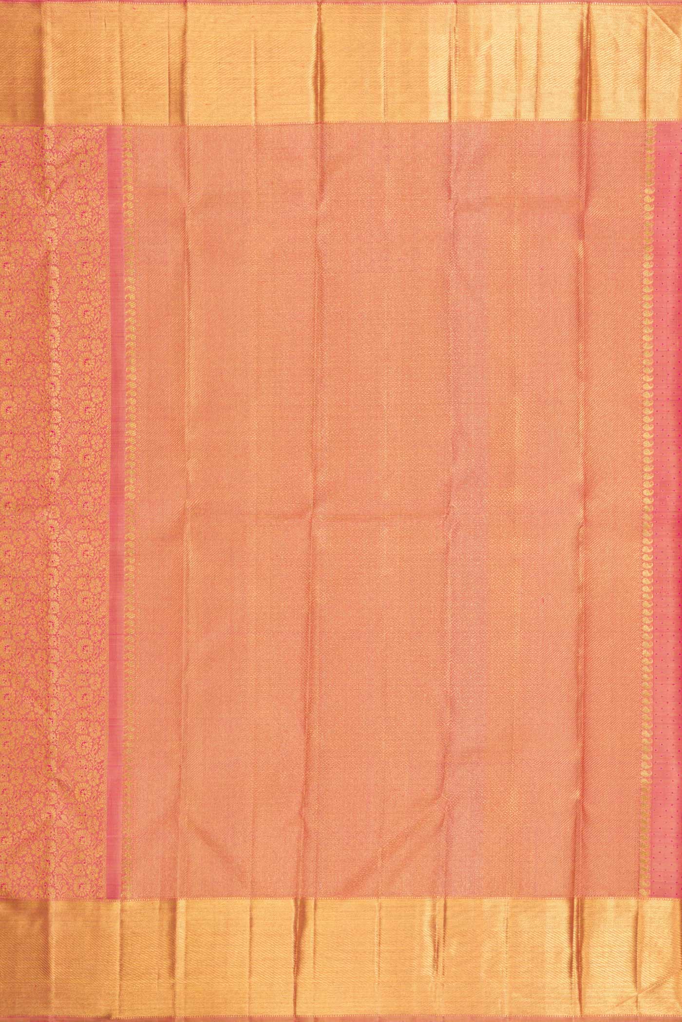 Close up image of the pallu of Pure Silk Pure Zari Coral Kanchipuram Saree with Zari Brocade on the body and Zari Border