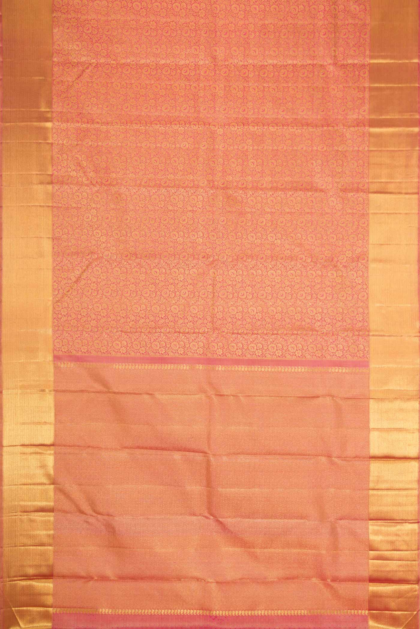Flat view of Pure Silk Pure Zari Coral Kanchipuram Saree with Zari Brocade on the body and Zari Border