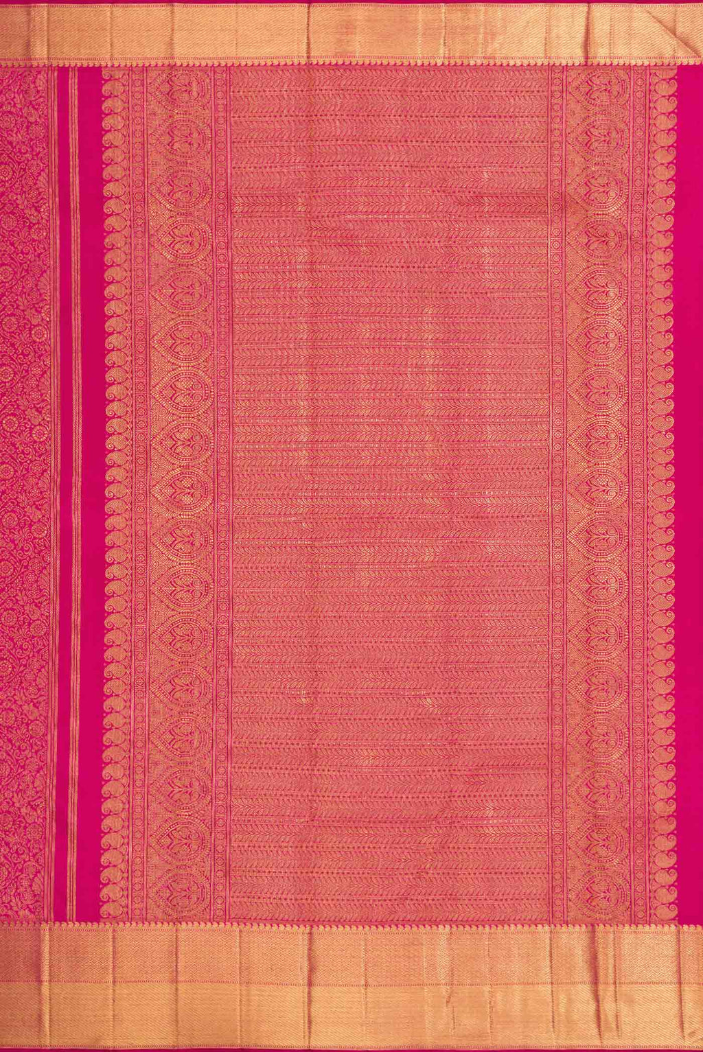 Close up image of the pallu of Pure Silk Pure Zari Pink Dual Tone Kanchipuram Saree with Zari Brocade on the body and Zari Border