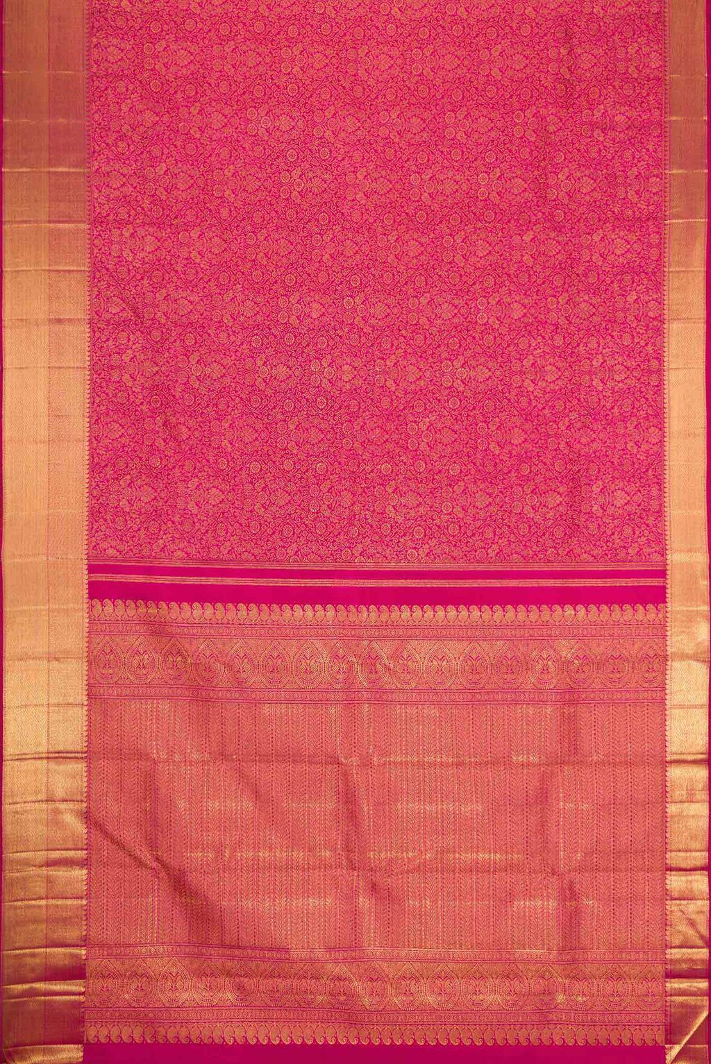 Flat view of Pure Silk Pure Zari Pink Dual Tone Kanchipuram Saree with Zari Brocade on the body and Zari Border