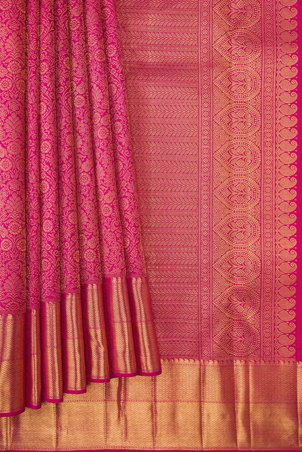 Pleats and pallu of Pure Silk Pure Zari Pink Dual Tone Kanchipuram Saree with Zari Brocade on the body and Zari Border