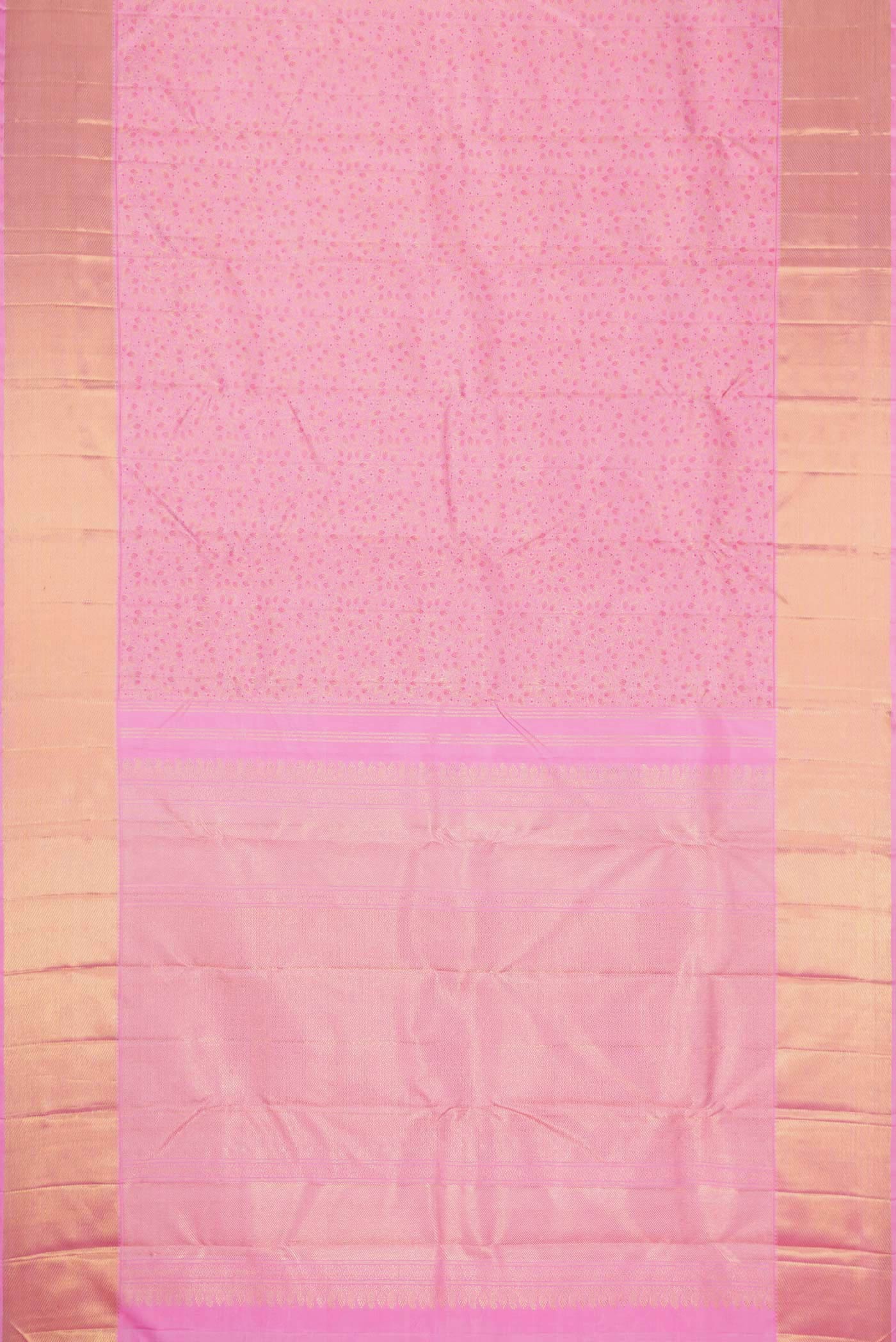 Flat view of Pure Silk Pure Zari Pink Dual Tone Kanchipuram Saree with Zari Brocade on the body and Zari Border