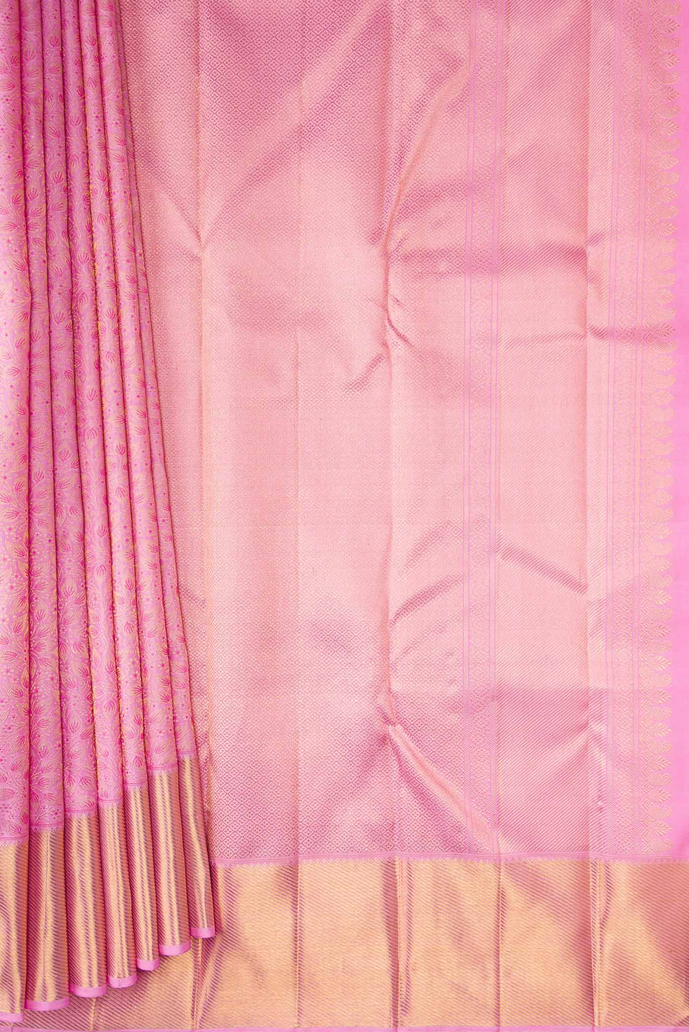 Pleats and pallu of Pure Silk Pure Zari Pink Dual Tone Kanchipuram Saree with Zari Brocade on the body and Zari Border